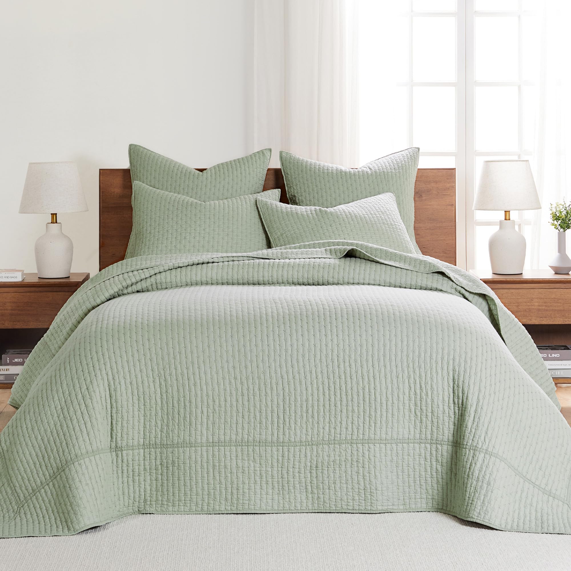 Levtex Home - Cross Stitch Desert Sage Bedspread Set - Full Quilted Bedspread And Two Standard Shams - Cross Stitch Pattern - Be