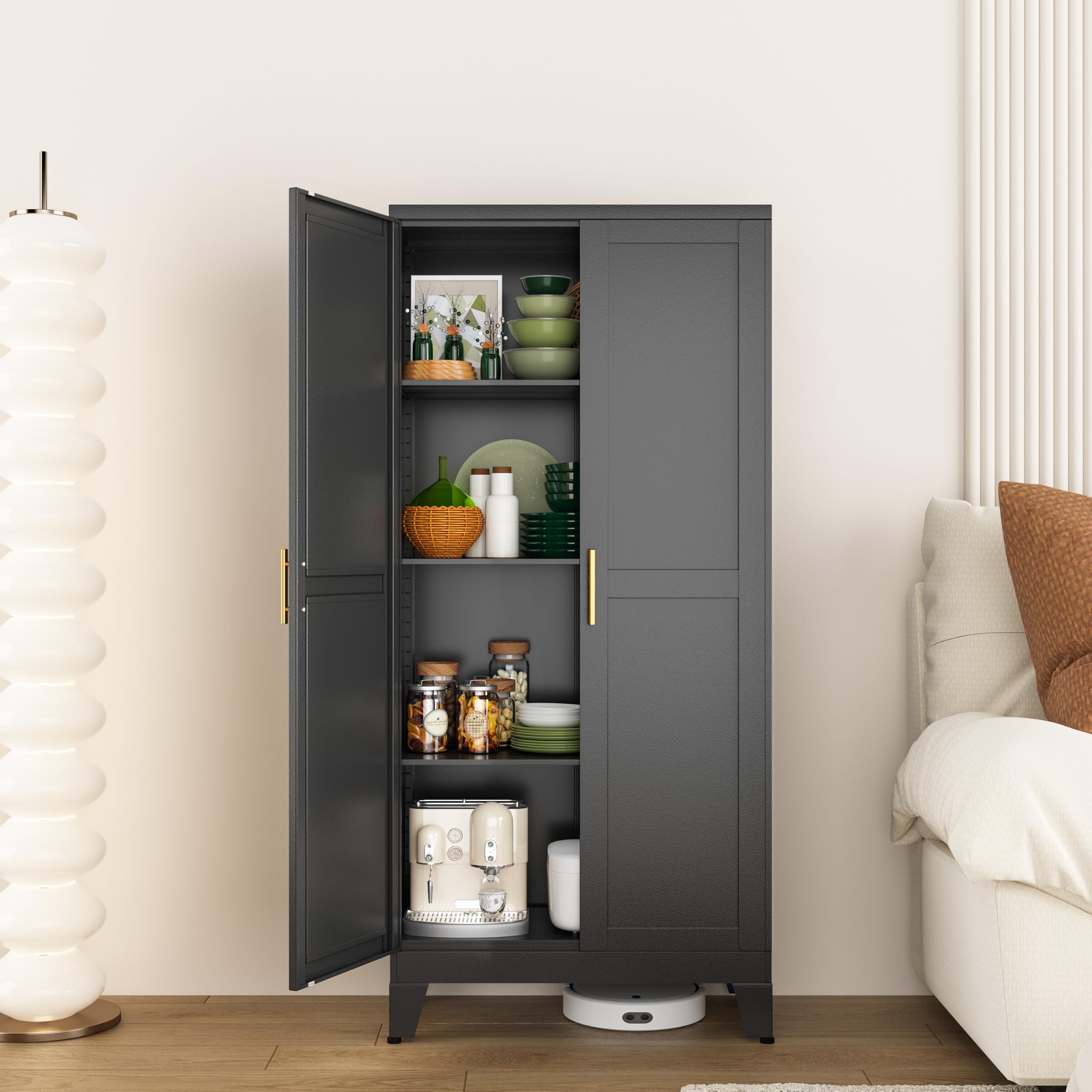 Paofin Metal Kitchen Pantry Storage Cabinet With 2 Doors And 3 Adjustable Shelves,Pantry Cabinet With Adjustable Leveling Foot F
