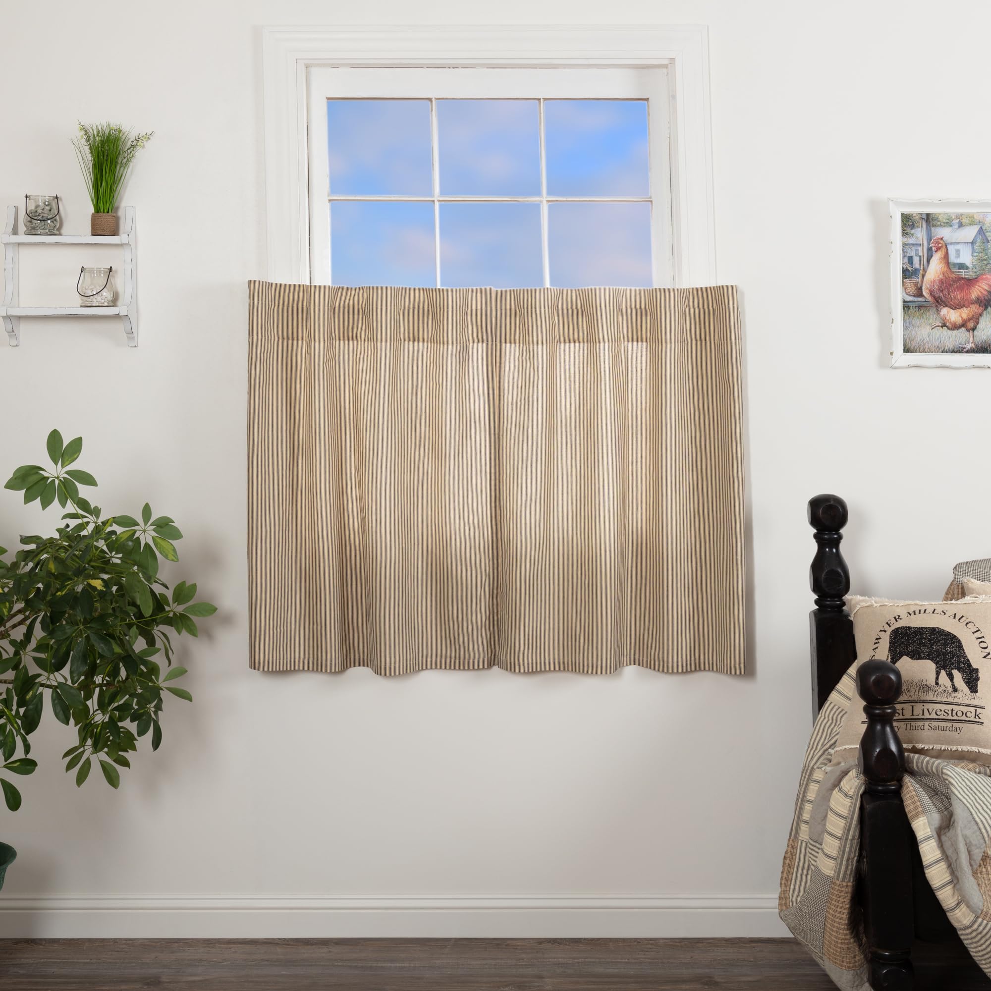 Vhc Brands Sawyer Mill Charcoal Kitchen Curtain Set Lined Tiers Farmhouse Country Striped Cotton 36 Inch Long