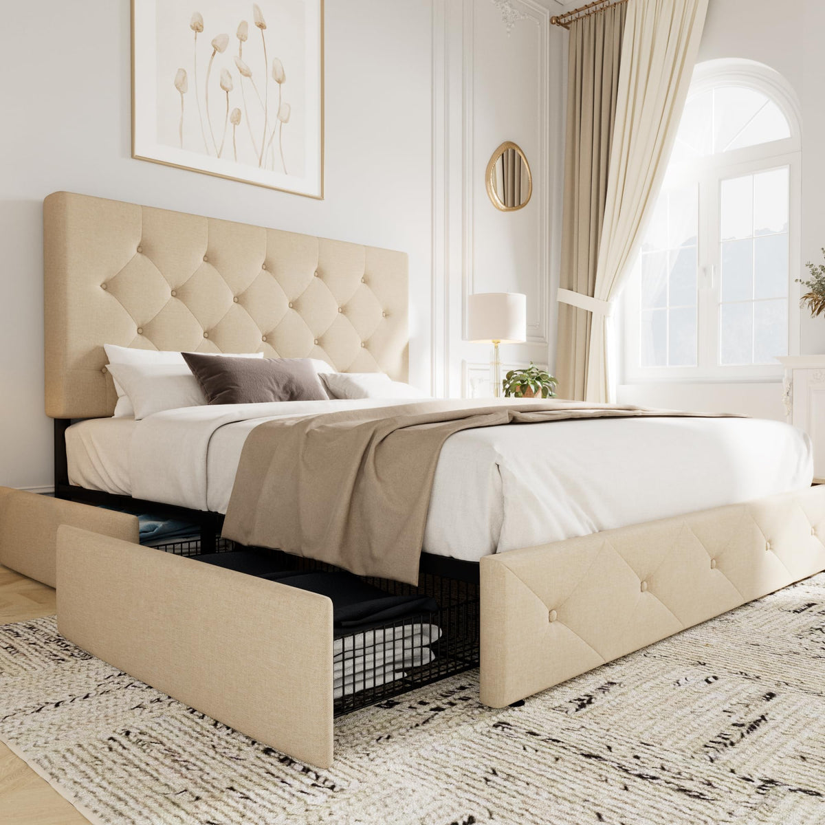 Allewie Upholstered Queen Size Platform Bed Frame With 4 Storage Drawers And Headboard, Diamond Stitched Button Tufted, Mattress Foundation With Wooden Slats Support, No Box Spring Needed, Beige