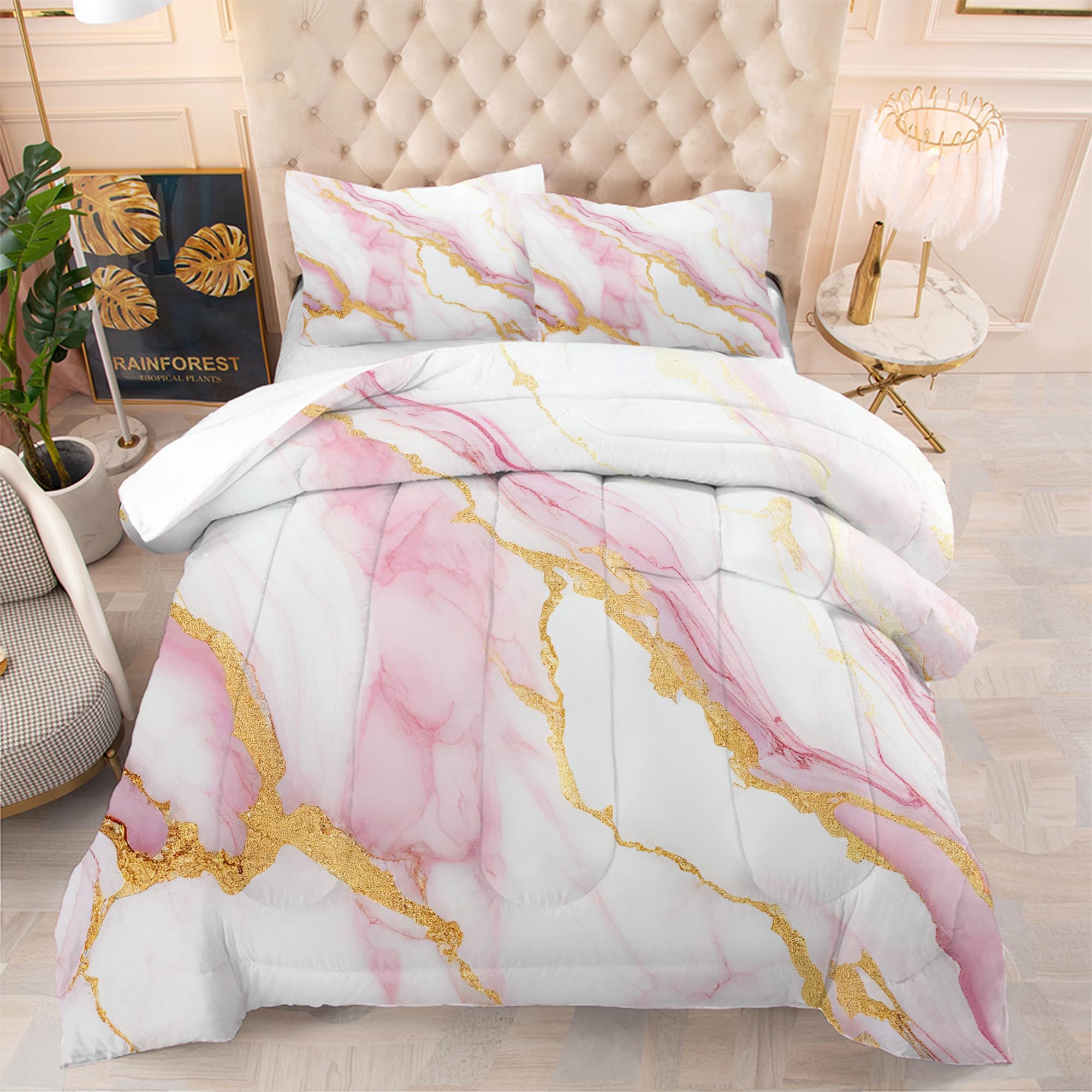 Edgzko Comforter Set Pink Marble: Full Size Bedding Sets For Girls Teens Kids Women Luxury Gold Glitter Abstract Marbling Pastel