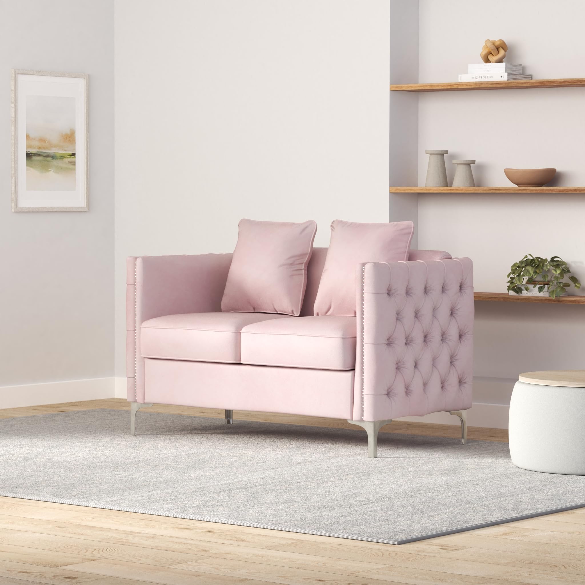 Lilola Home Bayberry Pink Velvet Loveseat with 2 Pillows