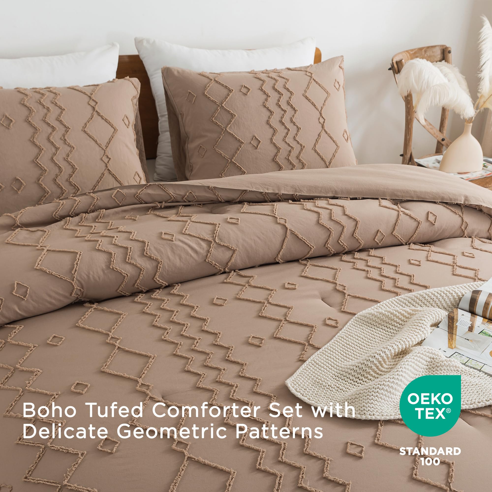 Andency Taupe Tufted Comforter Set Twin(66X90Inch), 2 Pieces(1 Boho Comforter, 1 Pillowcase) Textured Farmhouse Comforter, Soft Microfiber Down Alternative Geometric Comforter Bedding Set