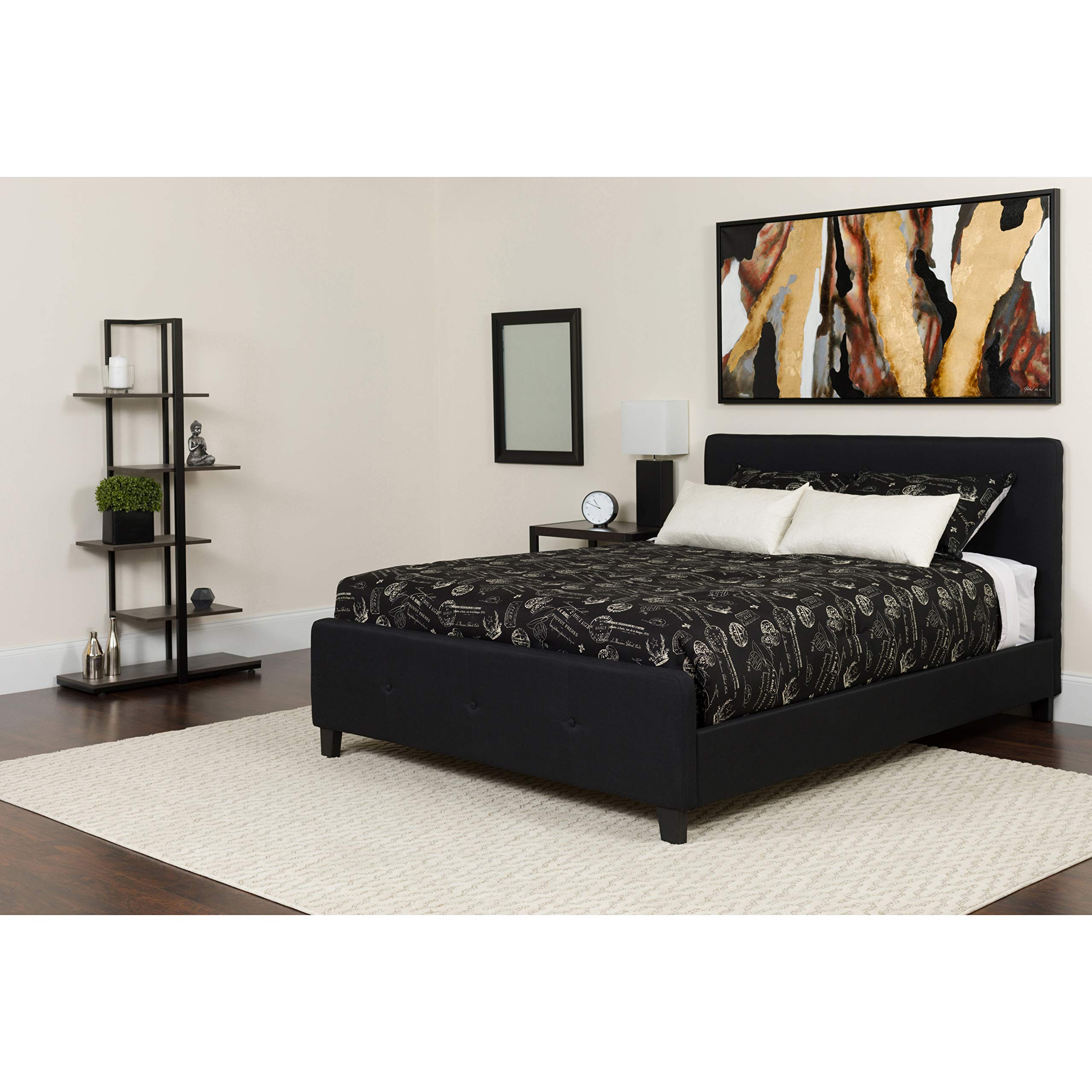 Flash Furniture Tribeca Queen Size Tufted Upholstered Platform Bed in Black Fabric with Memory Foam Mattress
