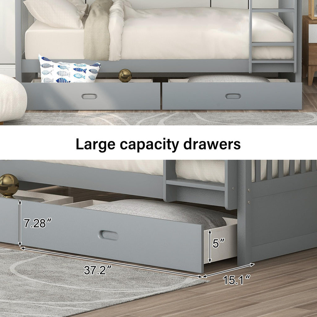 Merax Wood Bunk Bed With Drawers,Convertible Wood Bunk Bed With Ladders And Two Storage Drawers,Solid Wood Detachable Bunk Bed Frame With Ladders,Twin Over Twin Size,Grey
