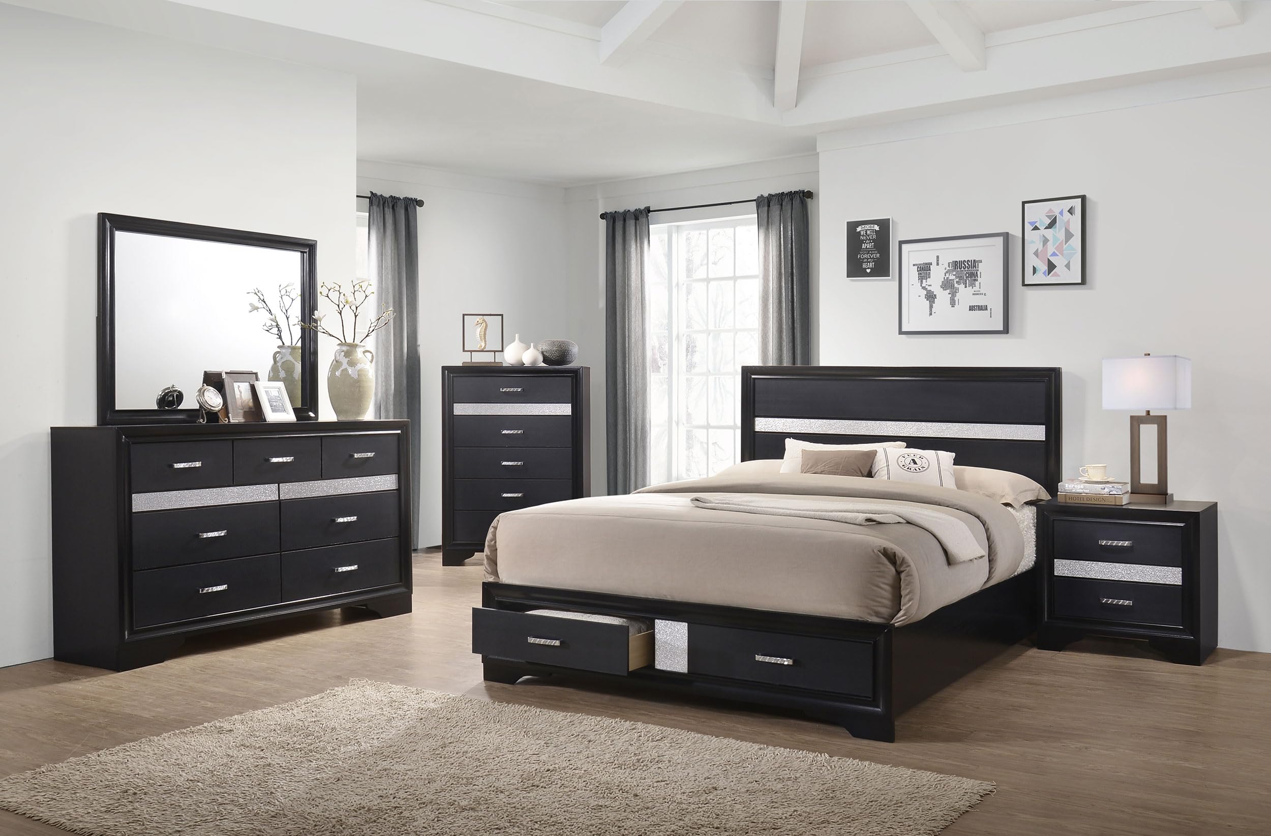 Coaster Home Furnishings Miranda Contemporary 5-Piece Bedroom Set Eastern King Size Storage Panel Bed Frame 50-inch Headboard Black 206361KE-S5