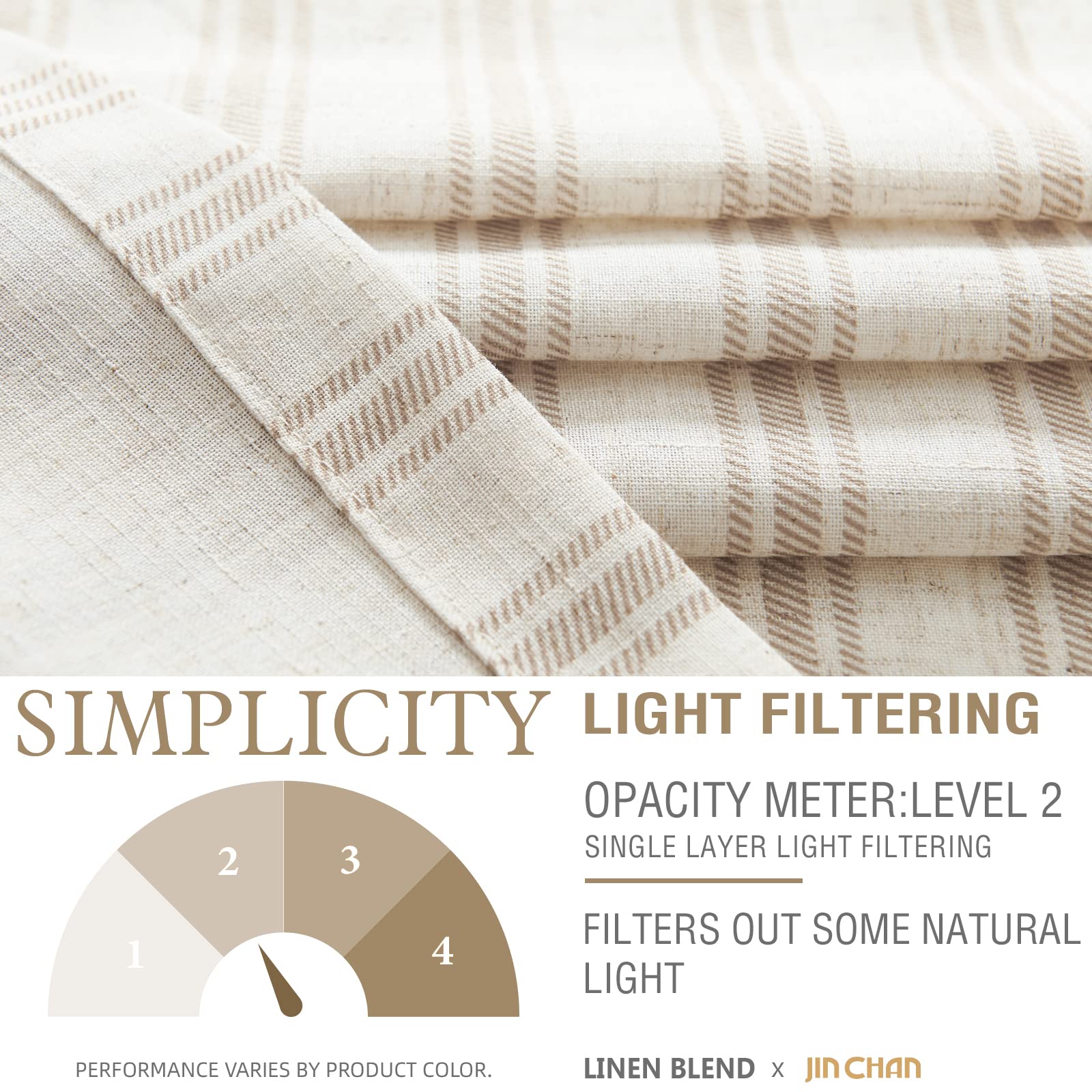 Jinchan Linen Kitchen Curtains Striped Tier Curtains 24 Inch Cafe Curtains Farmhouse Small Curtains Balanced Stripe Half Window Curtains Light Filtering For Bathroom Laundry 2 Panels Taupe On Beige