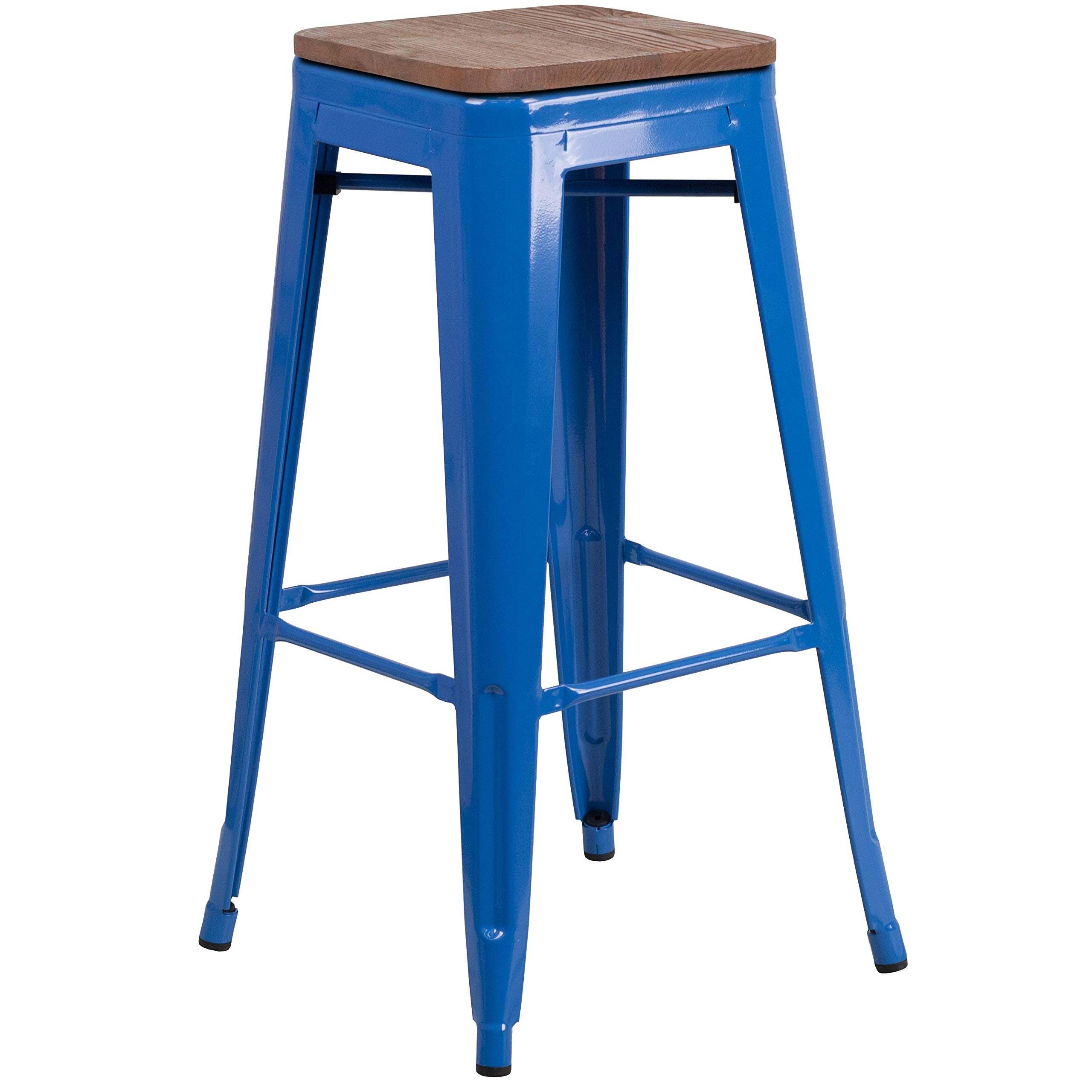 Flash Furniture Lily 30&quot; High Backless Blue Metal Barstool with Square Wood Seat