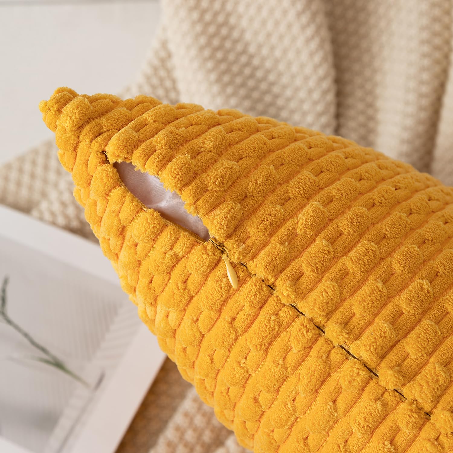 Kevin Textile 2 Packs Yellow Euro Farmhouse Decorative Throw Pillow Covers 26X26 Inch For Living Room Couch Bed Sofa Rustic Boho Home Decor Soft Striped Corduroy Square Cushion Case 66X66 Cm