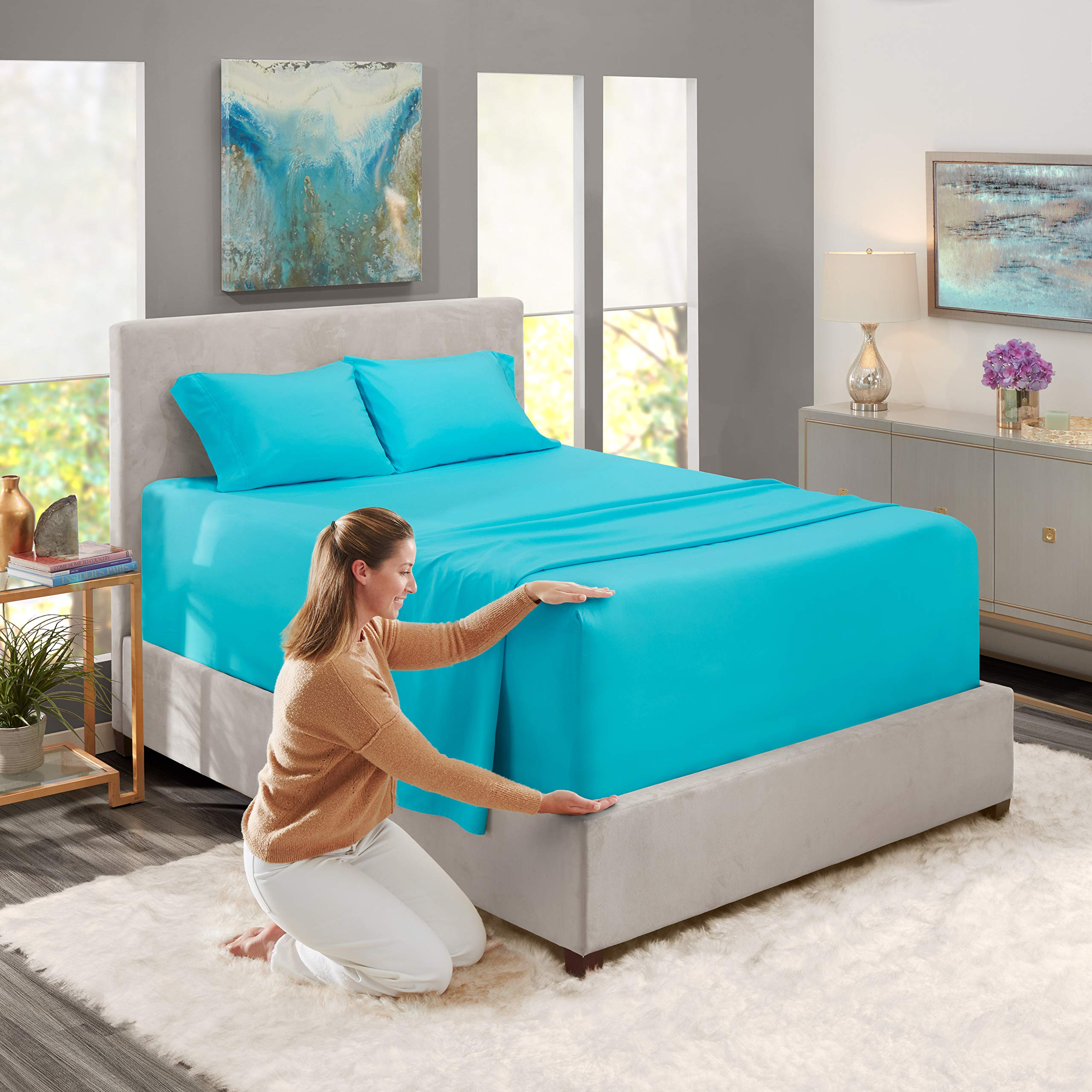 Nestl Extra Deep Pocket Sheets - Fits Mattress 18-24 Inches Deep, Extra Deep Pocket Twin Xl Sheets Sets, 4 Piece Twin Xl Size Sheets, Twin Xl Sheets Deep Pocket, Bright Blue Sheets