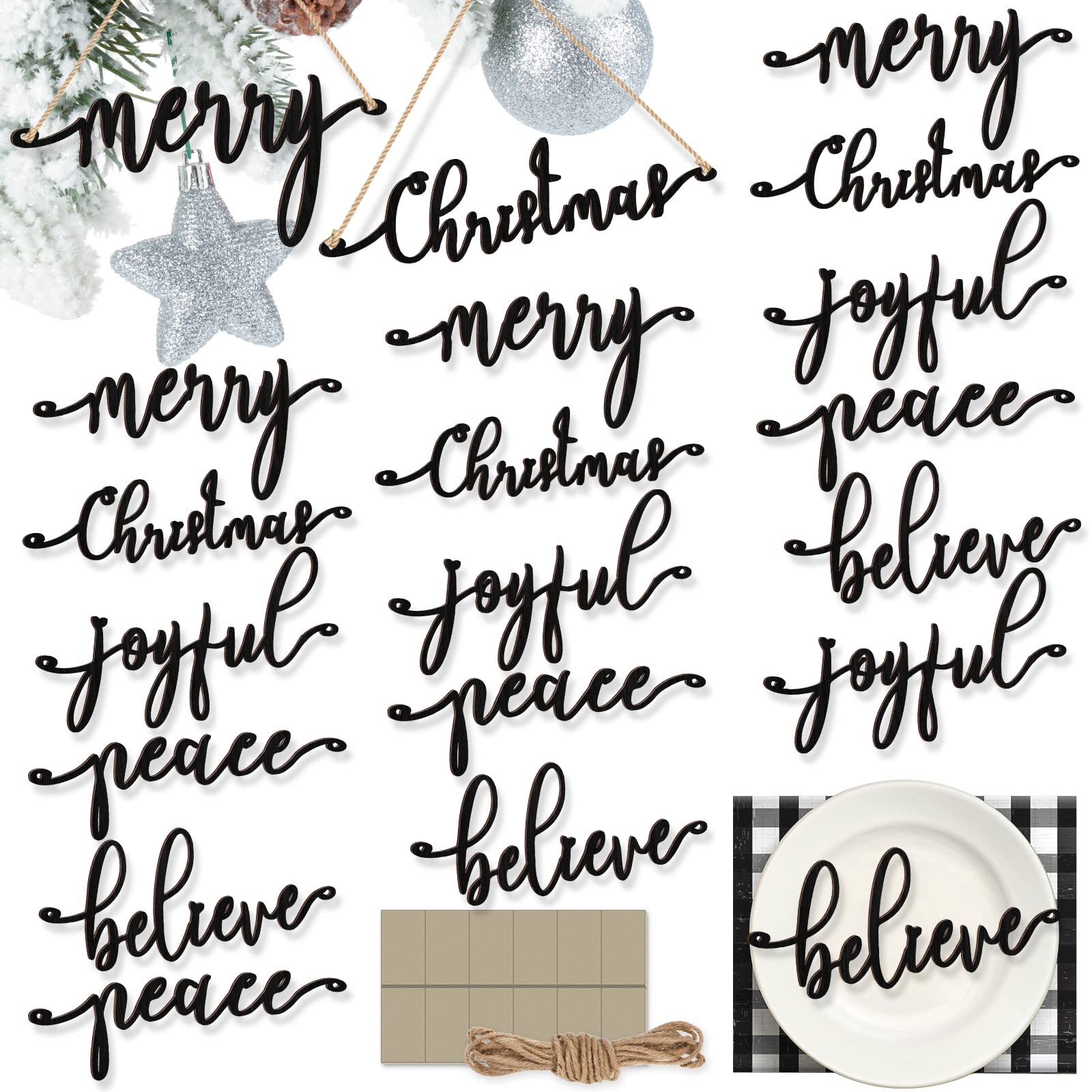 20 Pcs Merry Christmas Sign Xmas Wooden Cutout Letter Plate Ornaments Rustic Merry Sign Christmas Wooden Sign Table Decors Joyfu