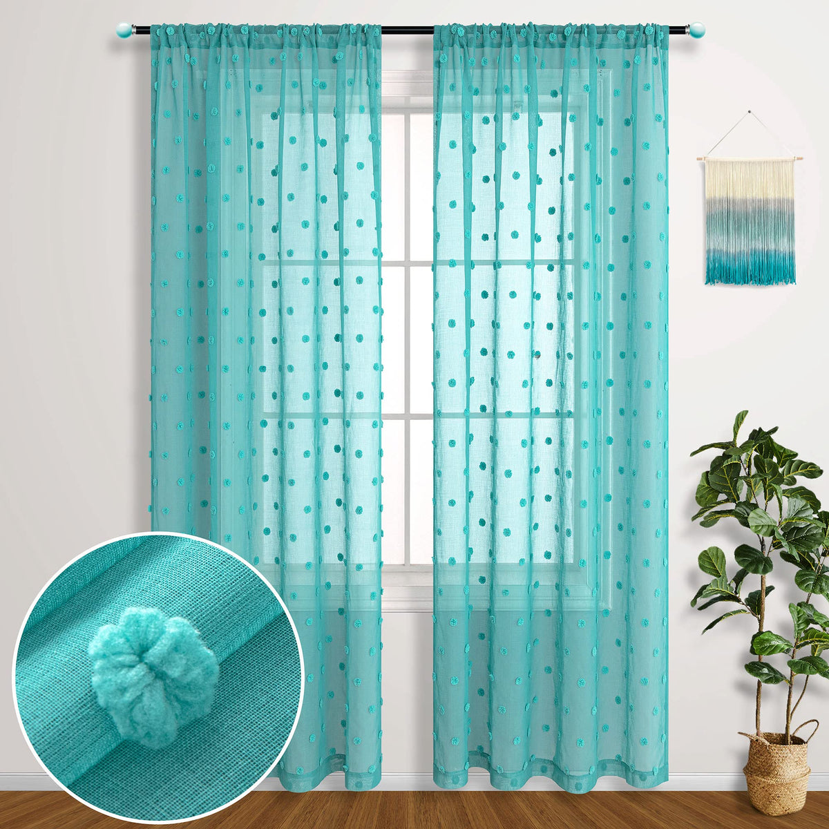 Koufall Teal Curtains 84 Inch Length For Bedroom 2 Panels Set,Sheer Boho Bohemian Pom Pom Summer Curtains For Living Room 84 Inc