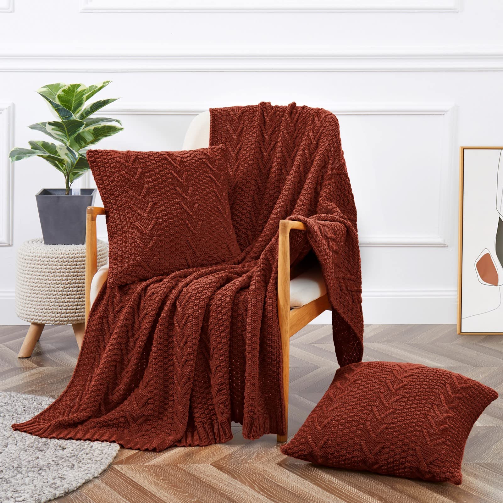 Aormenzy Knitted Throw Blanket (50' X 60') And 2 Pillow Covers (18' X 18'), 3 Piece Red Brown Throw Blanket Set, Decorative