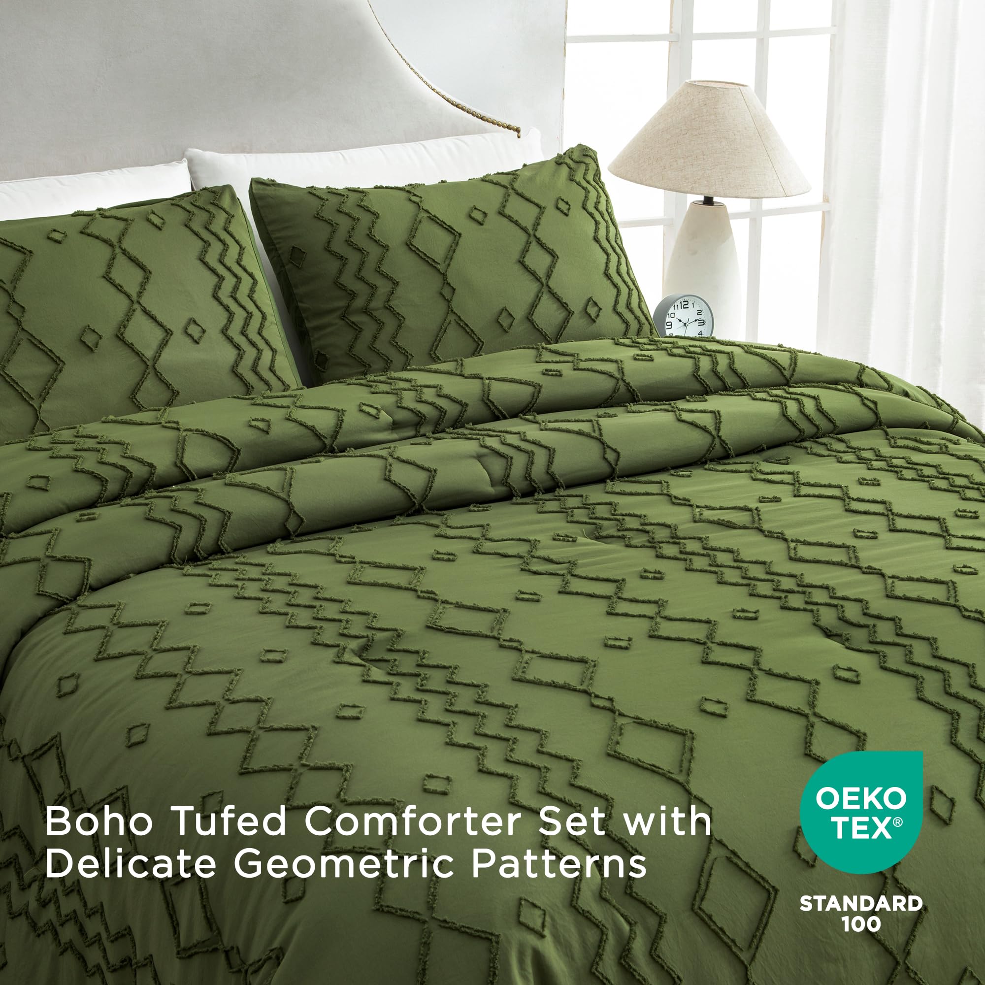 Andency Olive Green Tufted Comforter Set Full(79X90Inch), 3 Pieces(1 Boho Comforter, 2 Pillowcases) Textured Farmhouse Comforter, Soft Microfiber Down Alternative Geometric Comforter Bedding Set