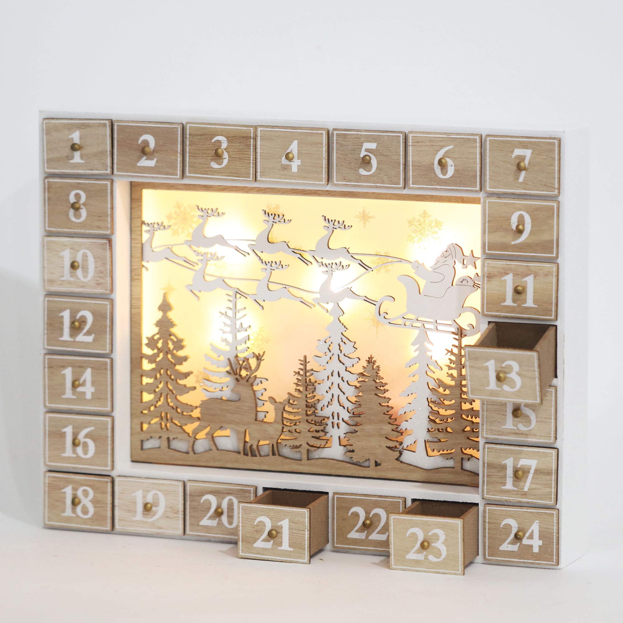 Brubaker Reusable Wooden Advent Calendar To Fill - Flying Santa Claus With Led Lighting - Diy Christmas Calendar 13.98 X 2.36 X