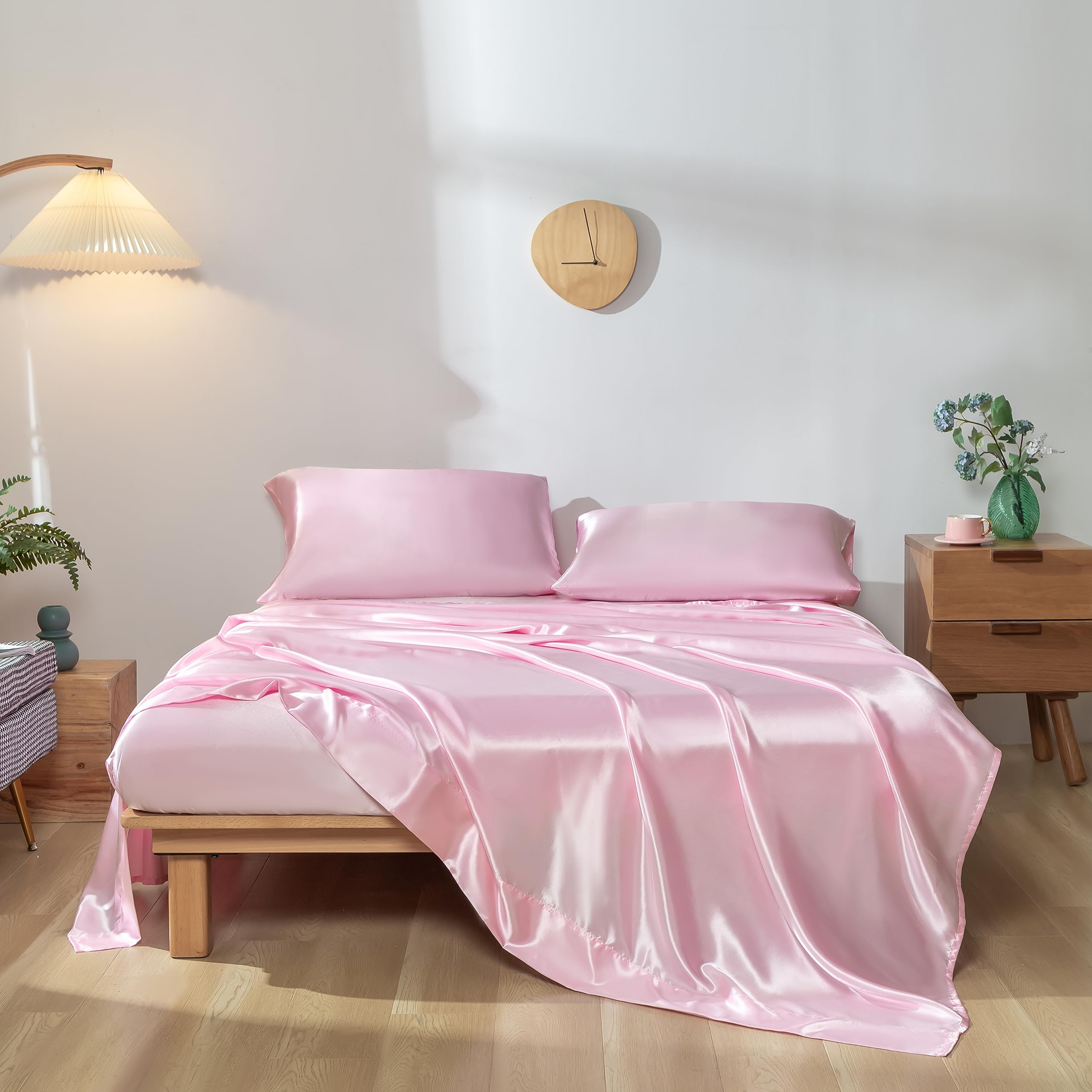 Revdomfly 4 Pcs Queen Size Luxury Silky Soft Pink Satin Sheet Set,1 Premium Moisture Wicking Fitted Sheet Fits Up To 16 Inches D