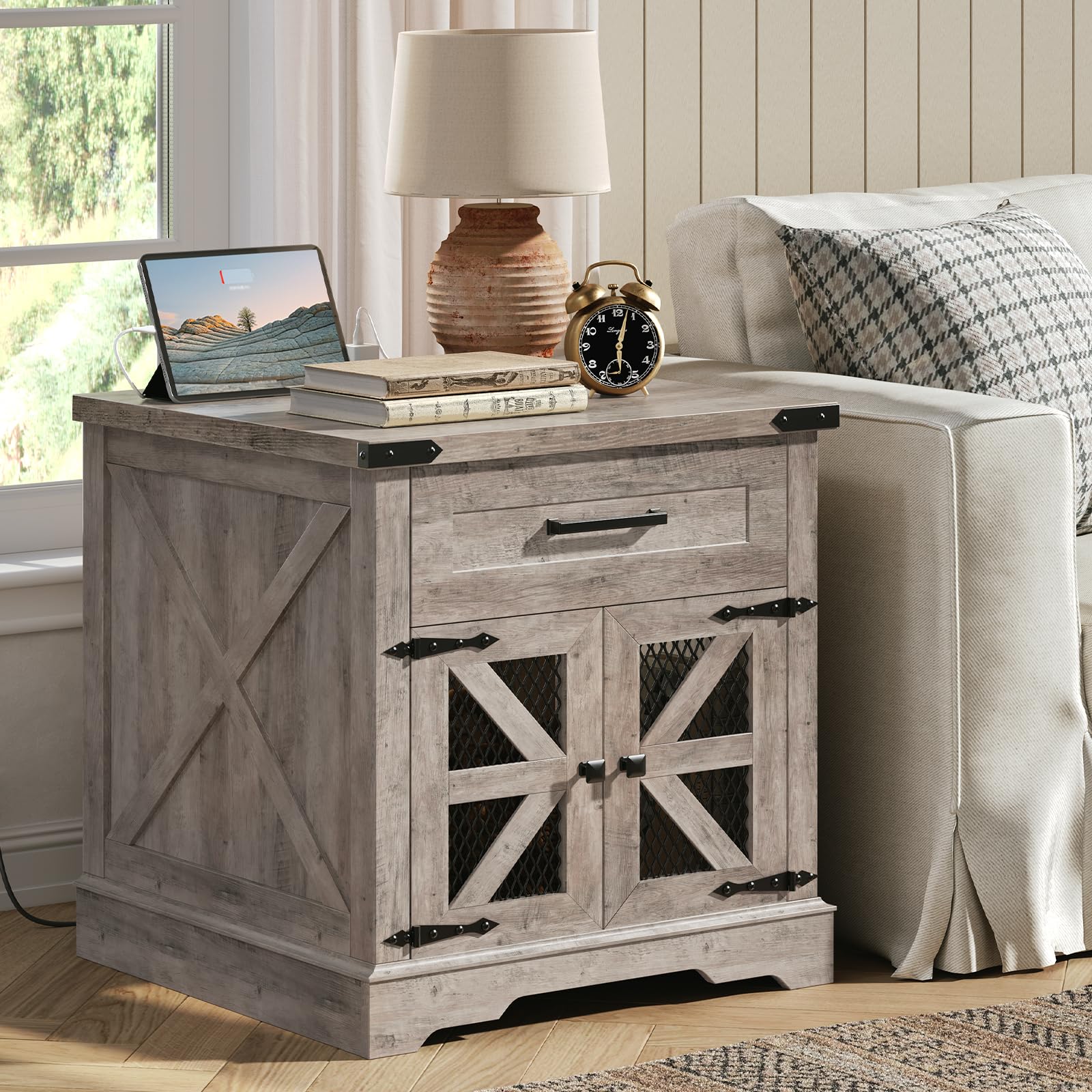 RALGEND Farmhouse End Table with Charging Station, 24 Large Sofa Side Table with Drawer, Large End Table for Living Room, Wooden