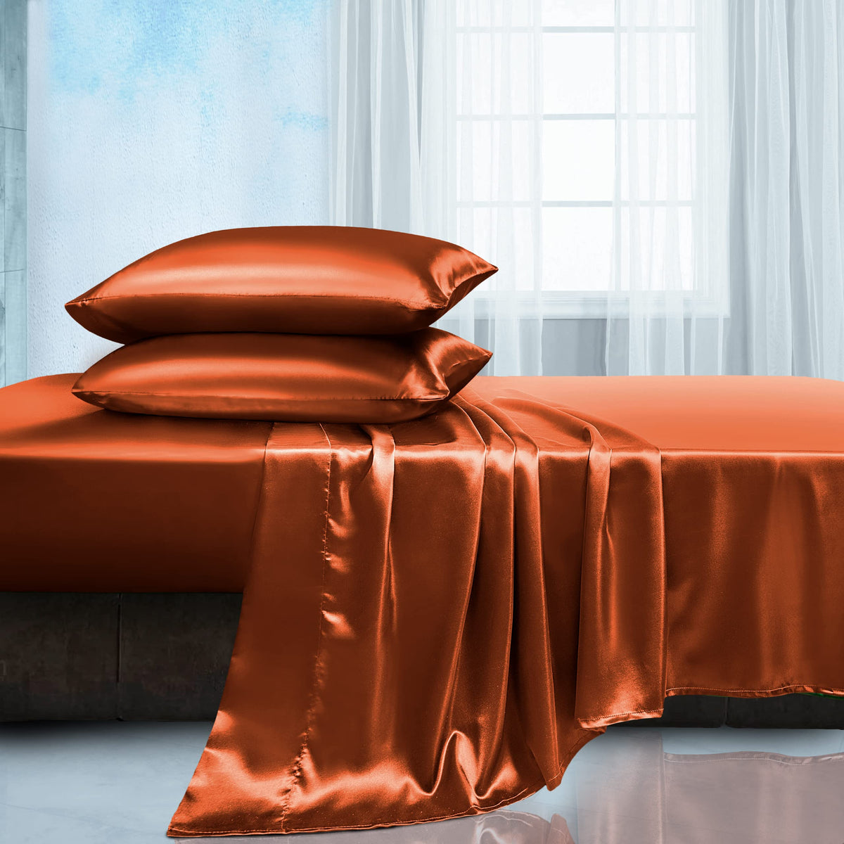 Manyshofu Satin Queen Sheets Set 4 Piece - Soft Silky Satin Sheets Set, Rust Orange Satin Bed Sheets Cooling & Luxury Bedding Sh