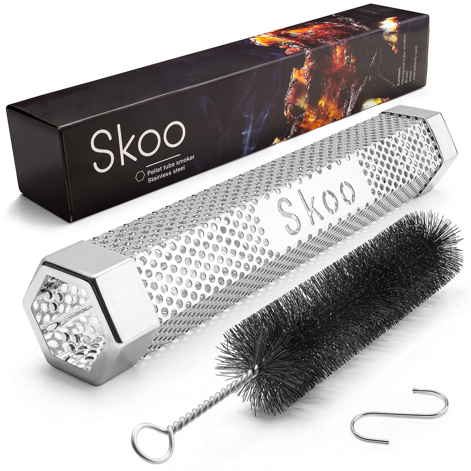 Skoo Pellet Smoker - Bbq Hexagonal Smoking Tube + Brush + Hook + Free Ebook + Digital User Guide - 5 Hours Of Billowing Smoke -