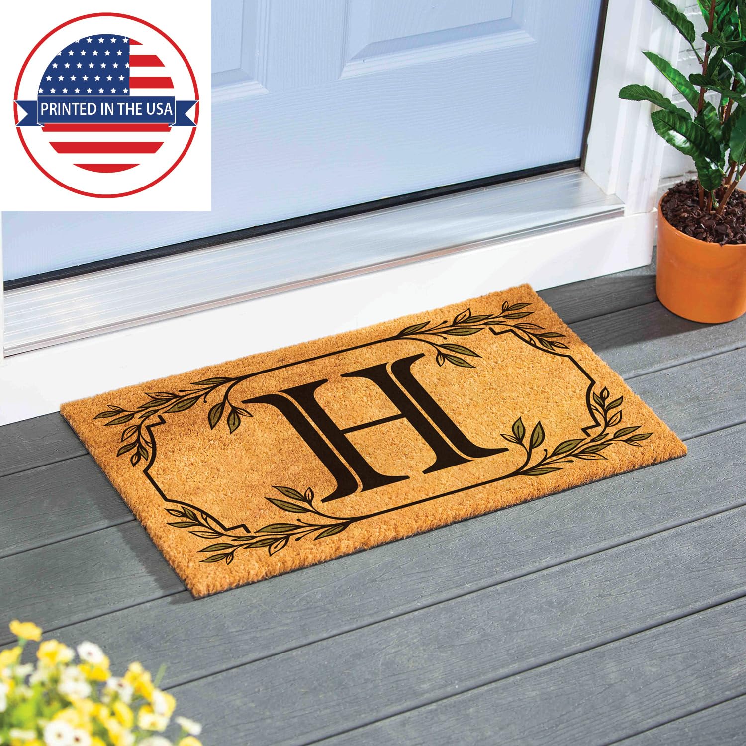 Evergreen Monogram Coir Doormat | Letter H | Front Door Mat For Outdoor Indoor Entrance | 28X16 Inches | Non-Slip Backing Doorwa