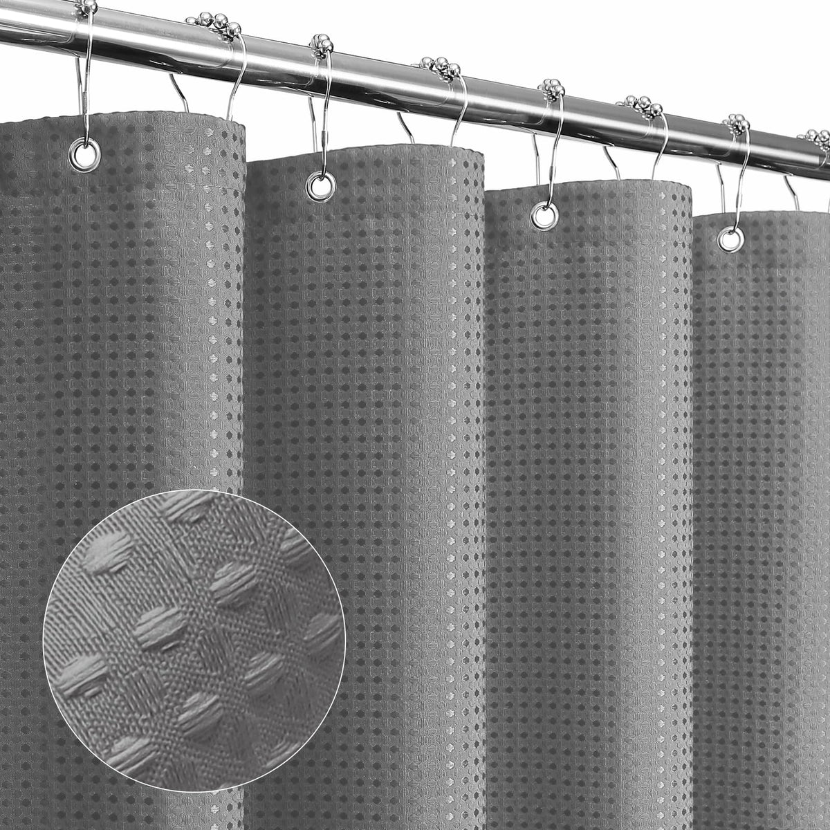 Gibelle Grey Shower Curtain, Waffle Weave Textured Fabric Shower Curtain For Bathroom - Soft Cloth & Hotel Spa Luxury, Water Rep