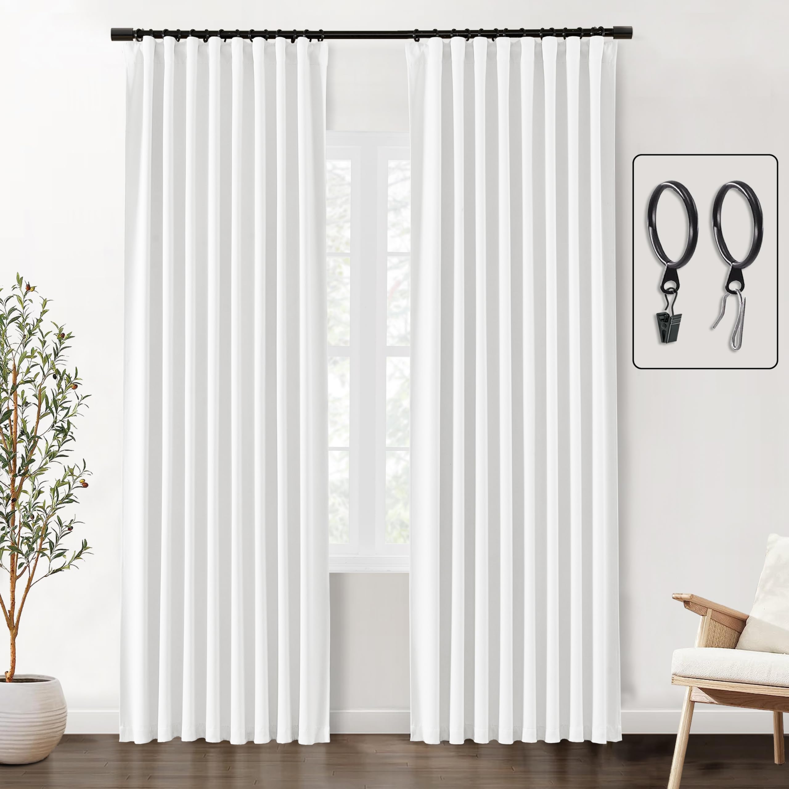 SHINELAND 102 Inch Long Curtains for Living Room,Back Tab Light Blocking White Blackout Curtains 102 Inches Long for Bedroom,Roo