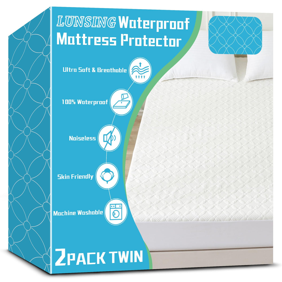 Lunsing 2 Pack Twin Mattress Protector, Soft Breathable Waterproof Twin Mattress Pad Cover, 6-16 In Deep Pockets, 39' X 75', W