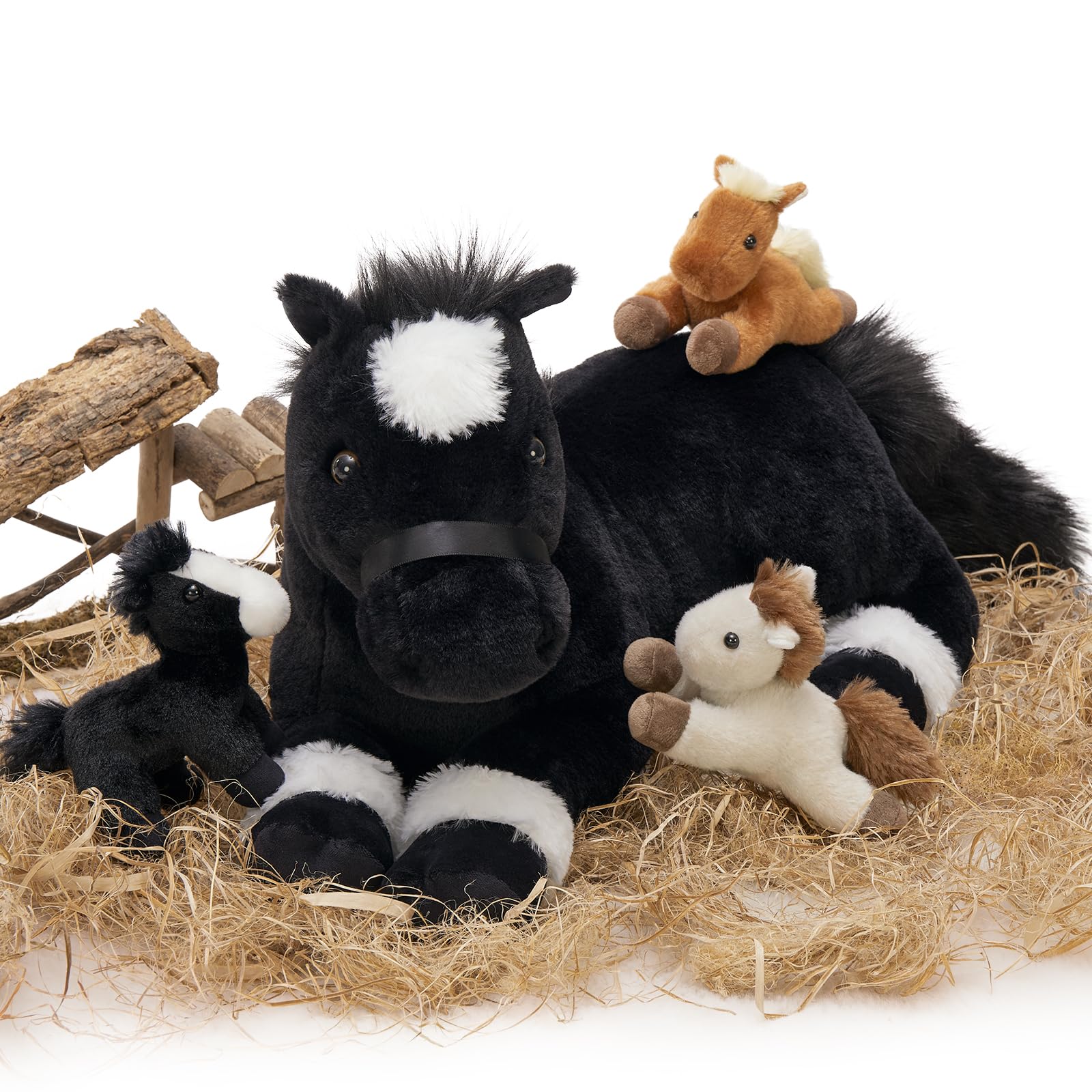 Tezituor 4Pcs Horse Stuffed Animals, 18 Inch Large Mommy Stuffed Horse With Babies Pony Plush, Cute Black Pony Plush Pillow For