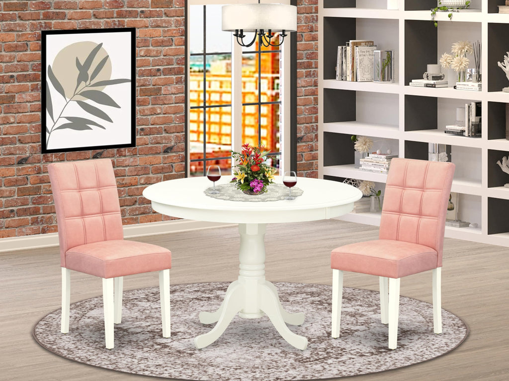 East West Furniture Hlas3-Lwh-42 3 Piece Dinner Table Set Includes A Wood Table And 2 Beige Red Faux Leather Dining Chairs With Stylish Back- Linen White Finish