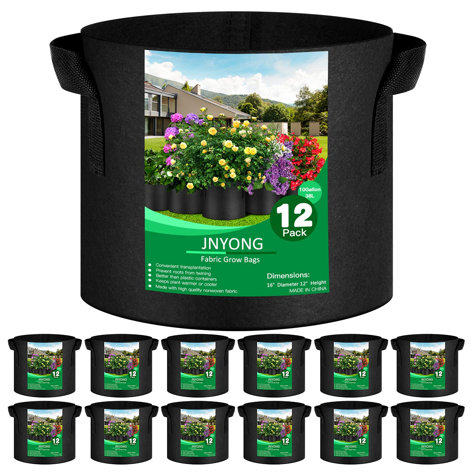 Jnyong 12-Pack 10 Gallon Thickened Non-Woven Grow Bags, Aeration Fabric Pots With Handles