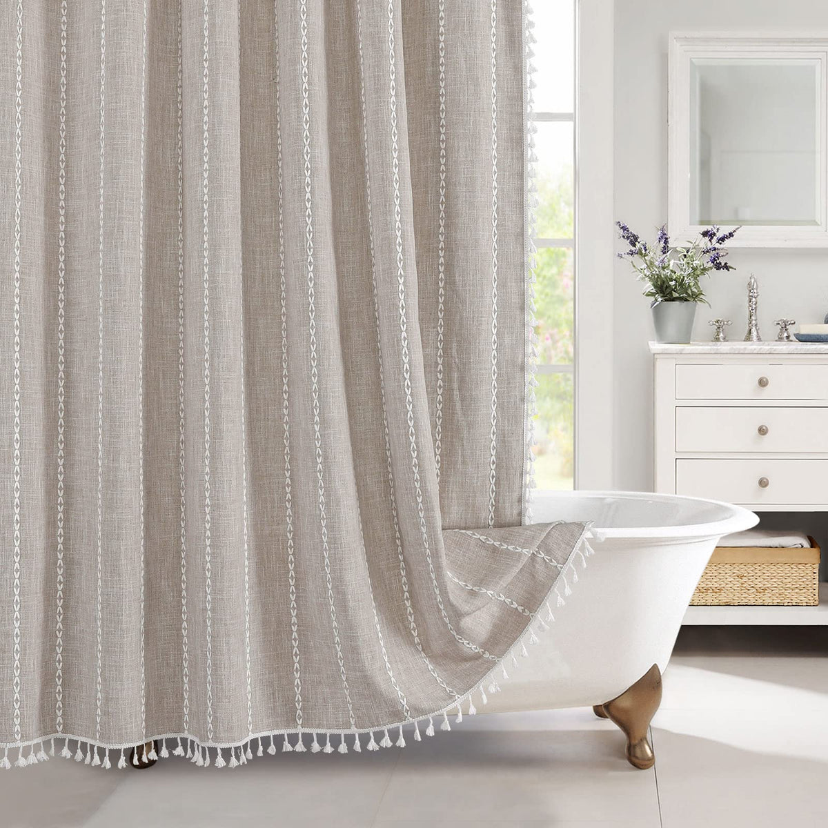 Mitovilla Boho Long Shower Curtain 72 X 78, Farmhouse 78 Inch Long Cotton Linen Fabric Shower Curtains With Tassel For Chic Cott