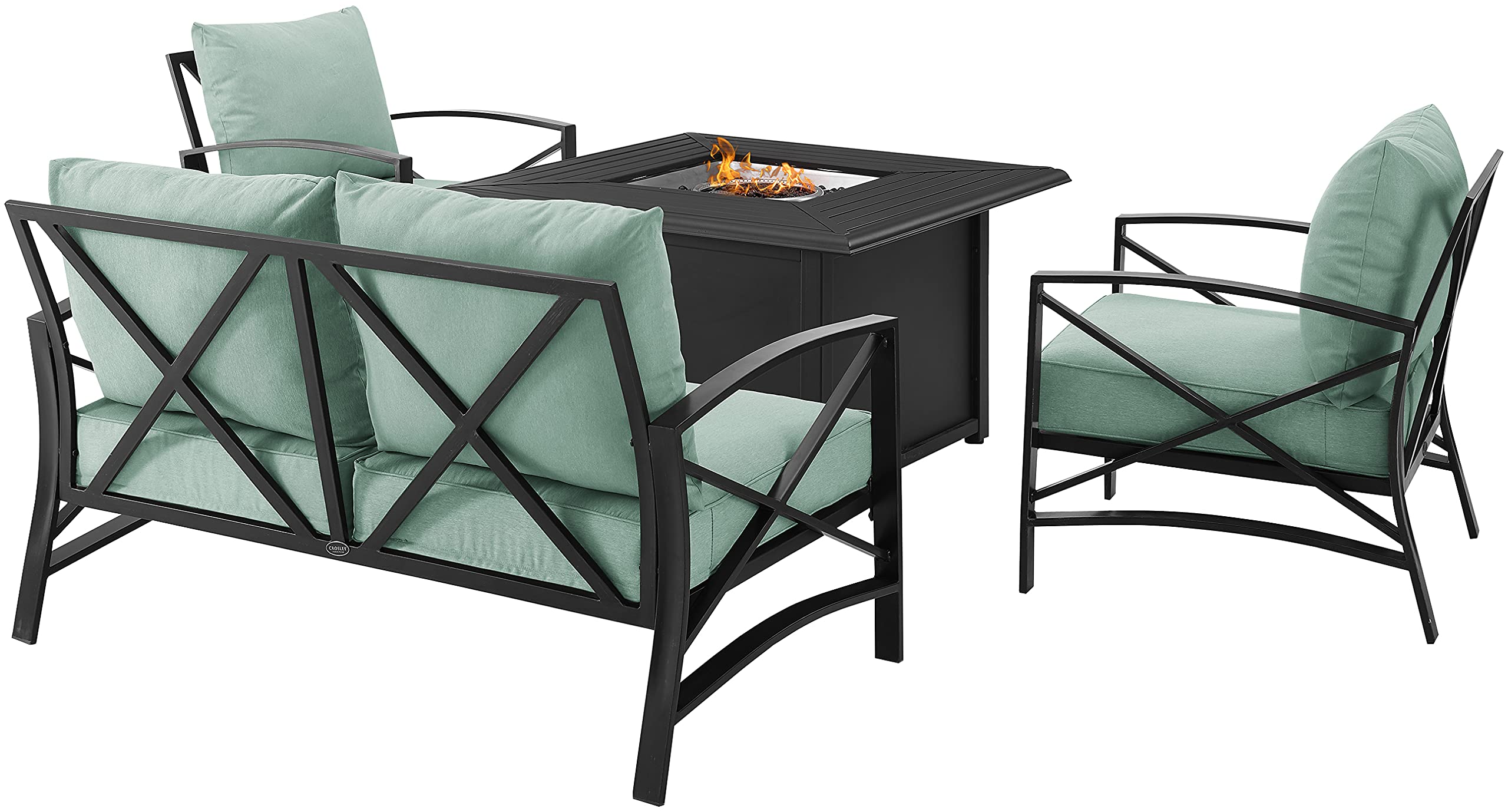 Crosley Furniture Kaplan 4-Piece Outdoor Loveseat Patio Furniture Set with Propane Gas Fire Pit Table, Oiled Bronze with Mist Cushions