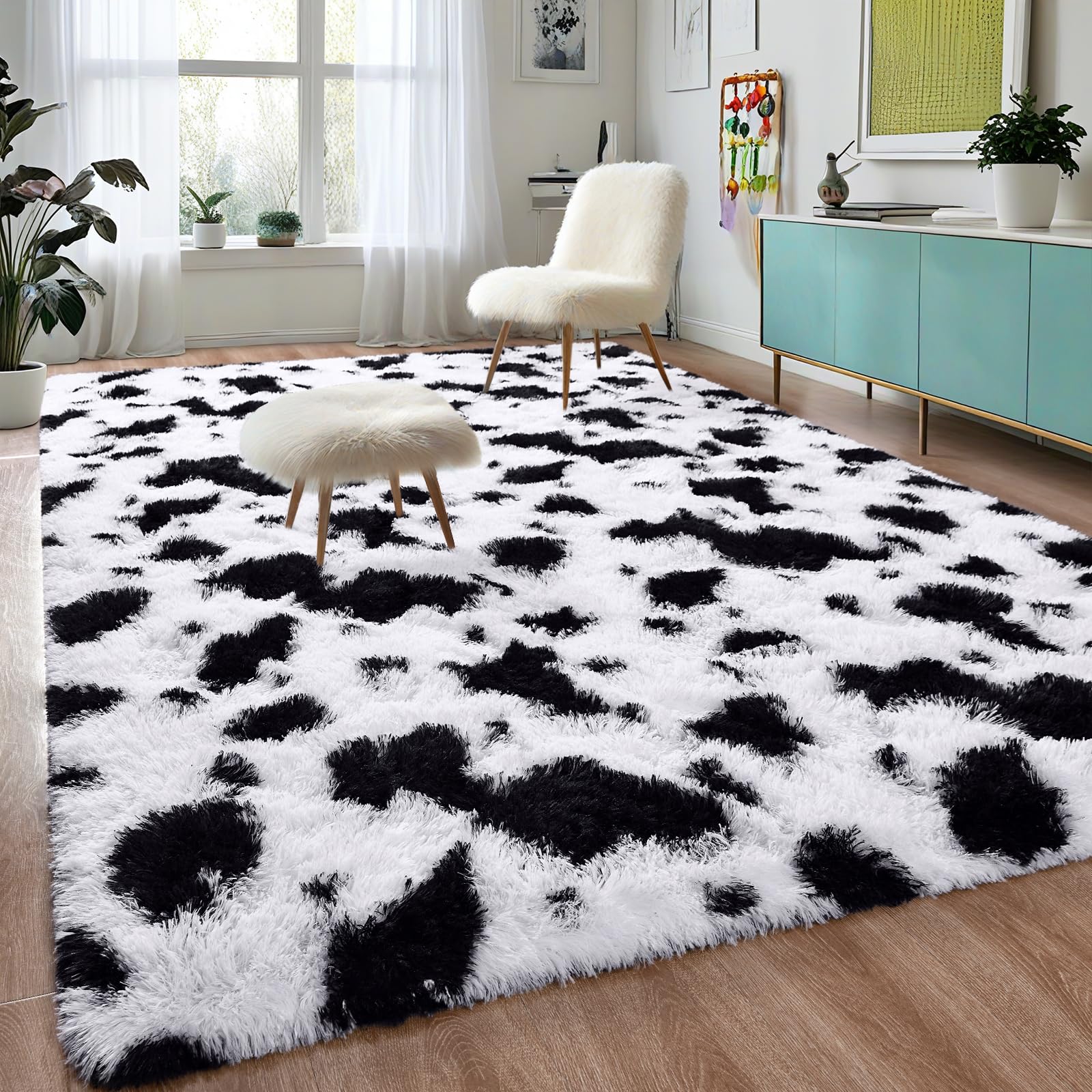 DweIke Super Soft Shaggy Rugs Fluffy Carpets, 4x6 Feet, Cow Print Rug for Living Room Bedroom, Fluffy Rug for Girls Kids Room, S