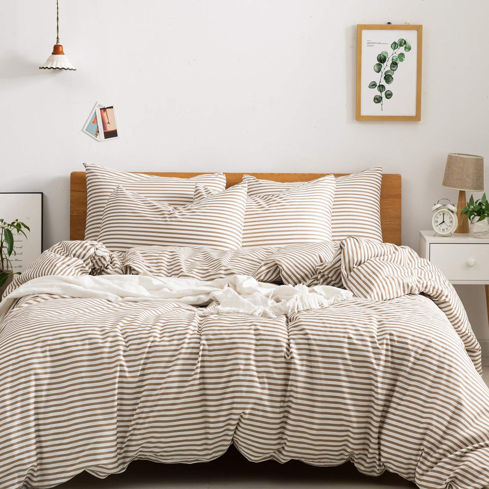 Jellymoni 100% Natural Cotton 2Pcs Striped Duvet Cover Sets,White Duvet Cover With Khaki Stripes Pattern Printed Comforter Cover