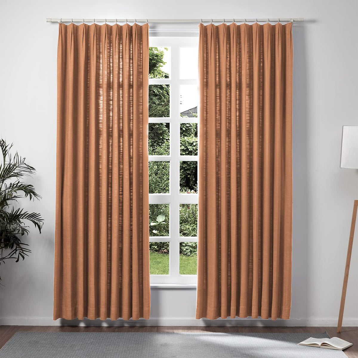 Twopages Double Layer Lined Curtain Orange Copper Linen Blend Light Filtering Pinch Pleat Curtain For Kitchen, Room Darkening Wi