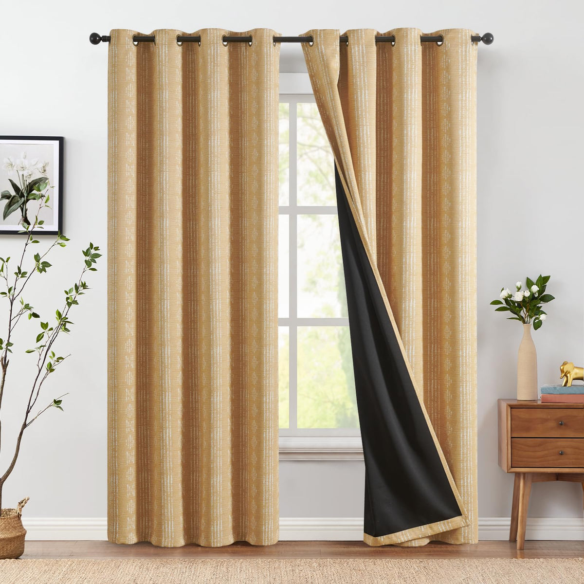 Jinchan 100% Blackout Boho Curtains 84 Inches Long For Bedroom Mustard Yellow Geometric Printed Grommet Top Room Darkening Therm