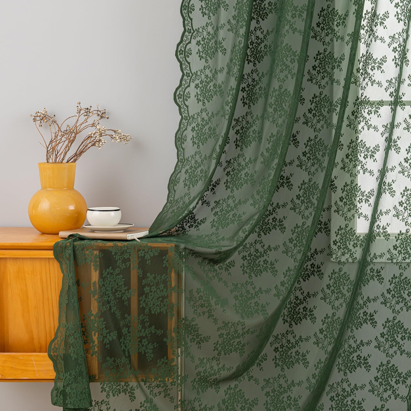 Olive Green Curtains 84 Inches Long For Living Room Bedroom Shabby Chic Lace Scalloped Curtains Light Filtering Country Boho She