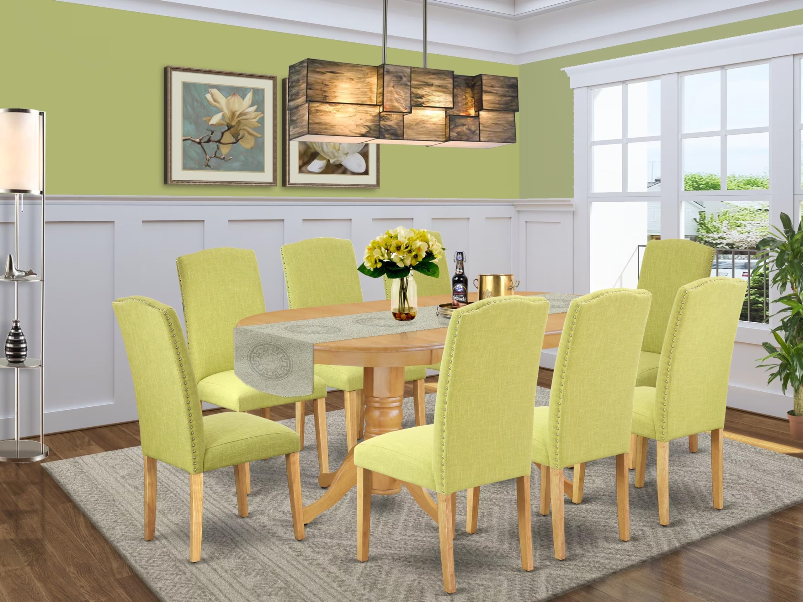 East West Furniture Vaen9-Oak-07 9 Piece Dining Room Table Set Includes An Oval Kitchen Table With Butterfly Leaf And 8 Limelight Linen Fabric Parson Dining Chairs, 40X76 Inch, Oak