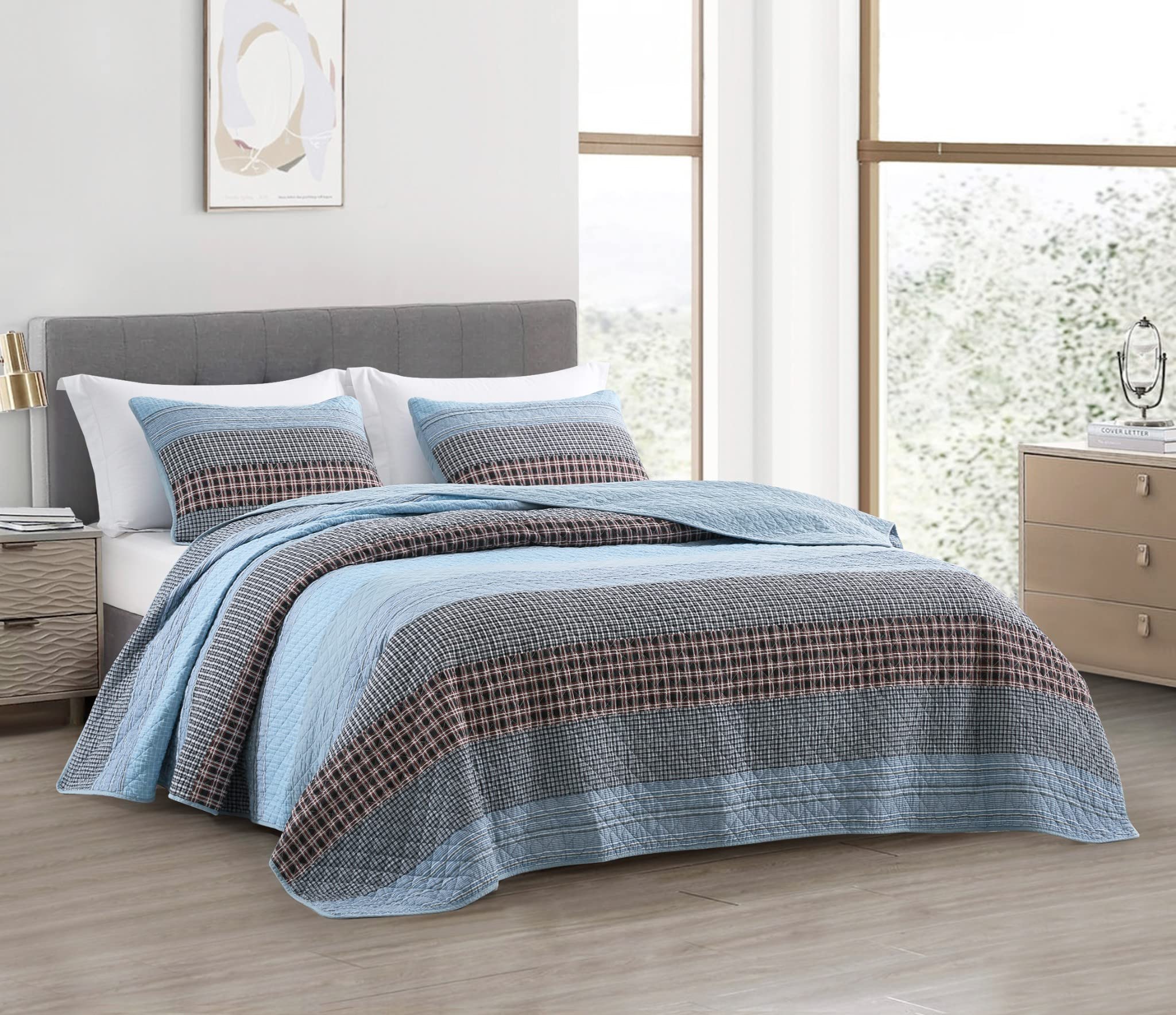 Chezmoi Collection Lincoln 3-Piece Pre-Washed Cotton Patchwork Quilt Set King - Solid Plaid Multi Striped Coverlet Set - Lightwe