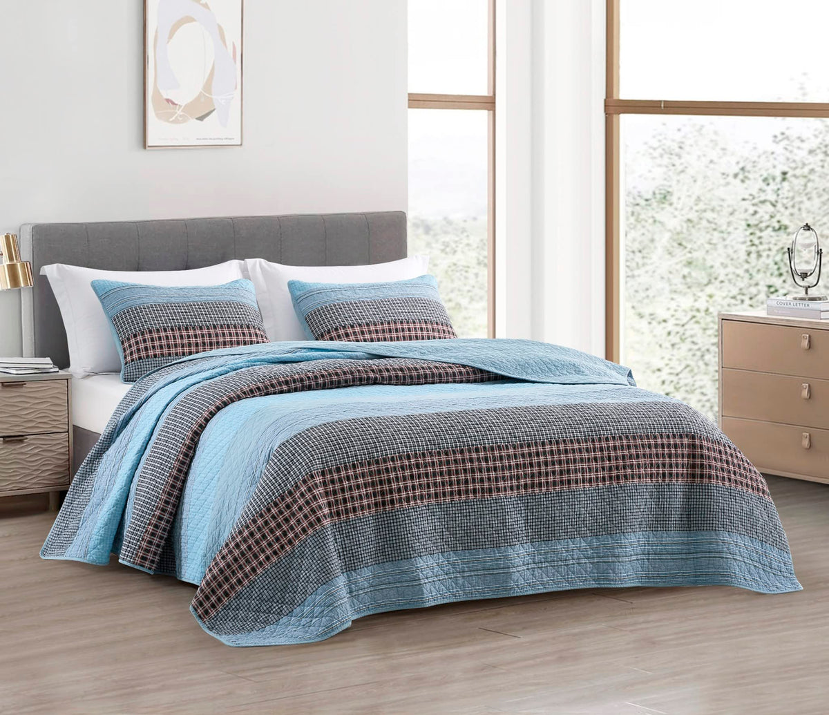 Chezmoi Collection Lincoln 3-Piece Pre-Washed Cotton Patchwork Quilt Set Queen - Solid Plaid Multi Striped Coverlet Set - Lightw