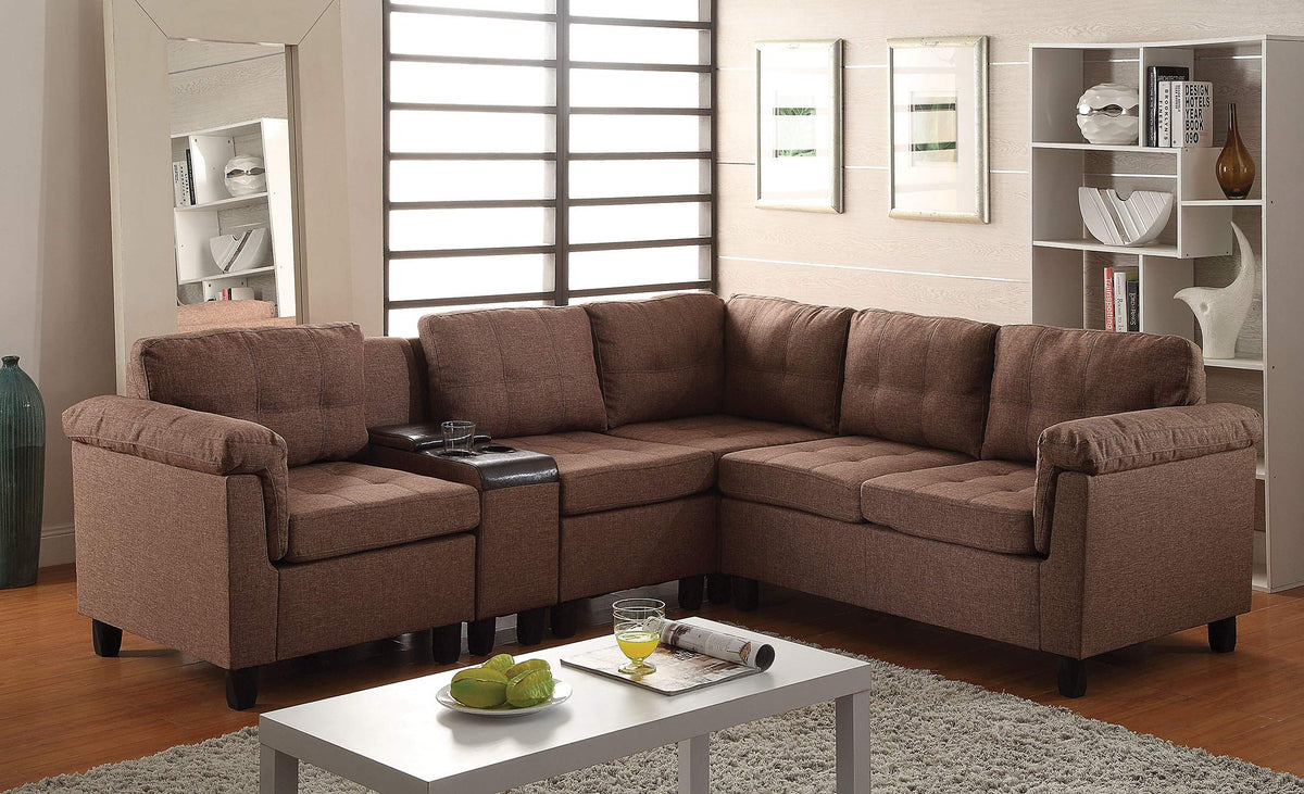 HomeRoots Furniture Sectional Sofa with Console (Reversible), Brown Linen & Espresso PU - Fabric, Wood Frame, Foam Brown Linen & Espresso PU (285650)