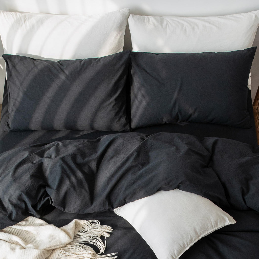 Moomee Bedding Pillowcases Pack Of 2 100% Washed Cotton Linen Like Textured Breathable Durable Soft Comfy (Black, Standard)