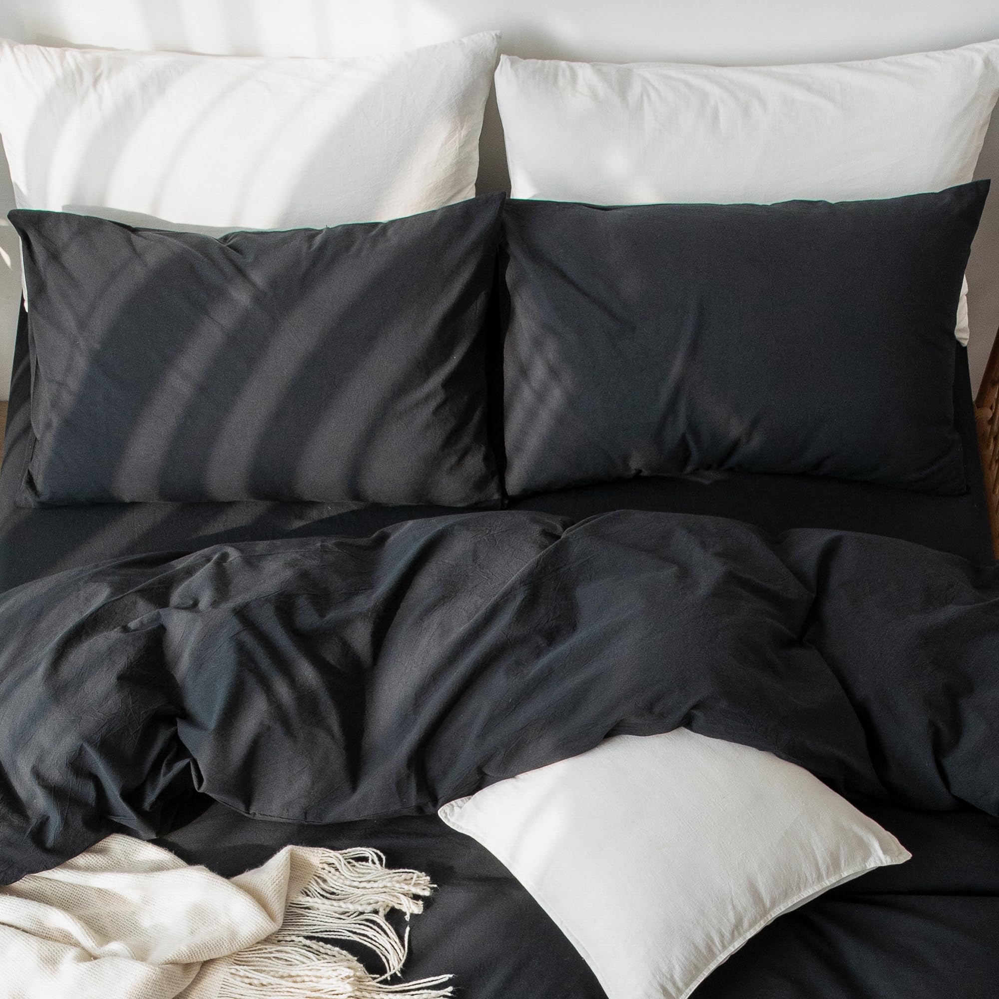 Moomee Bedding Pillowcases Pack Of 2 100% Washed Cotton Linen Like Textured Breathable Durable Soft Comfy (Black, Standard)