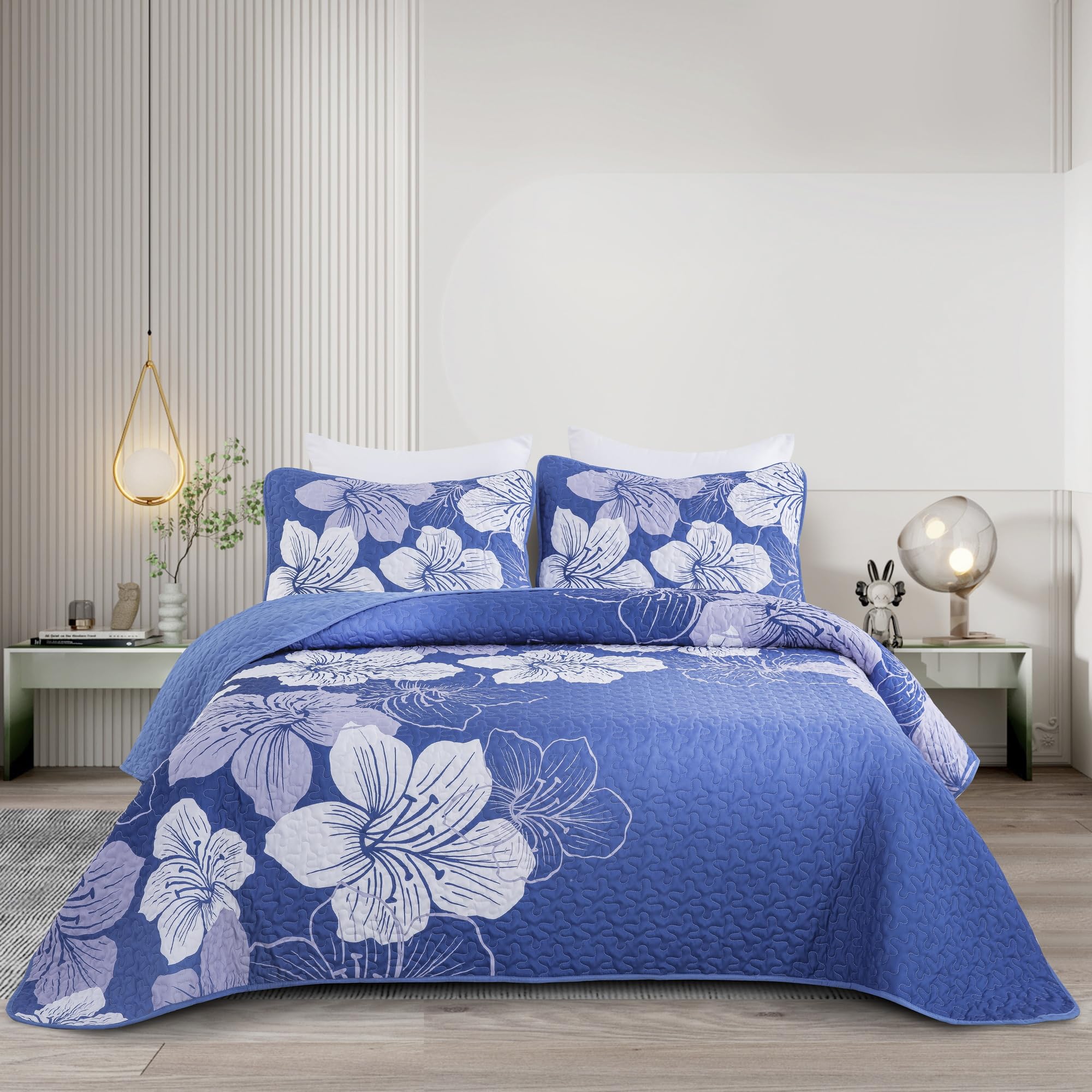 Djy Gradient Blue Quilt Set King 3 Pieces Floral Summer Bedding Quilt Set Soft Boho Botanical Bedspread With 2 Pillow Shams Ligh