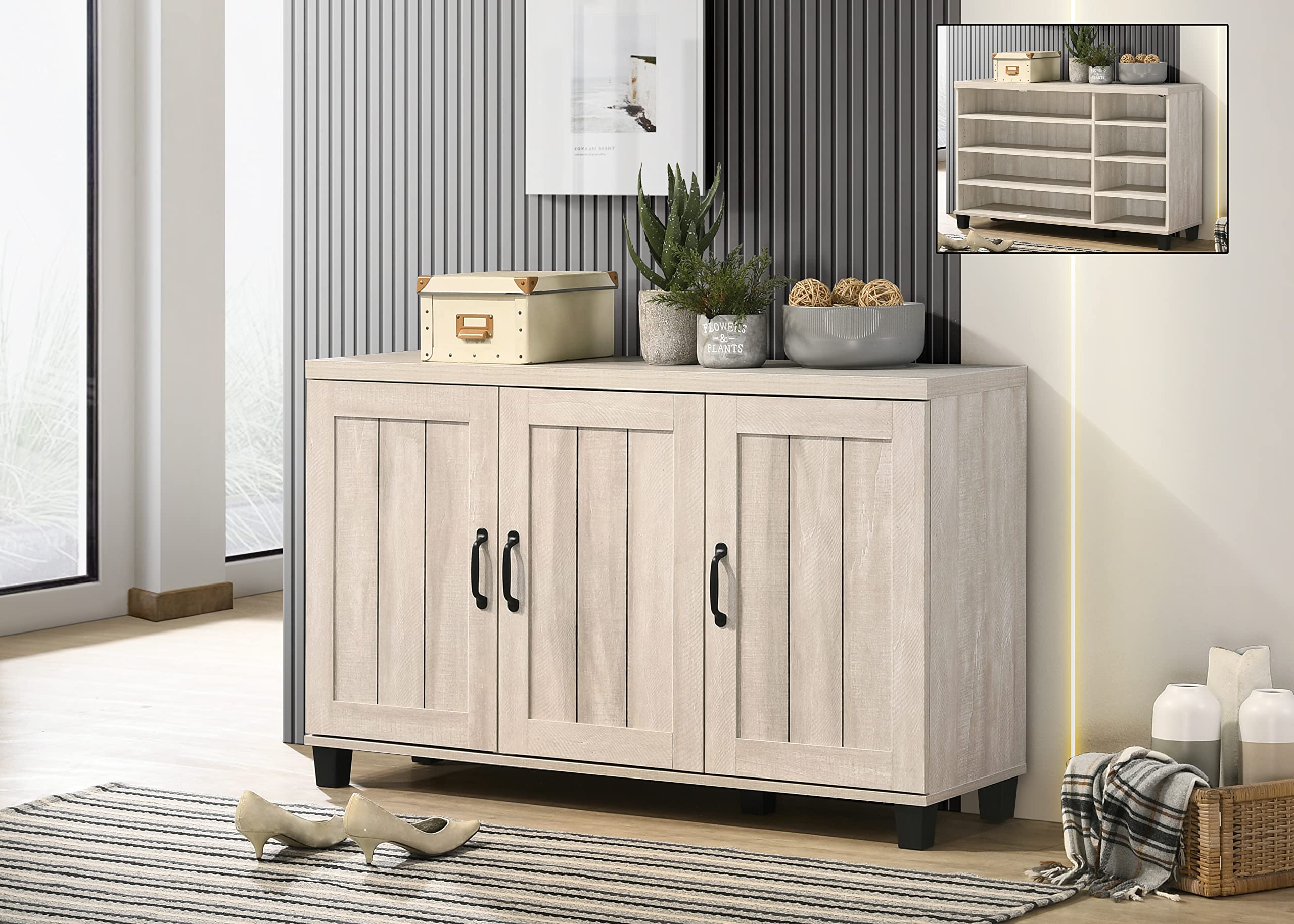 Lilola Home Corby Dusty Gray Oak Finish 3-Door Shoe Cabinet