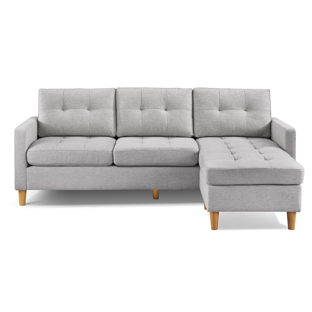 American Furniture Classics Light Grey Two Piece Upholstered Tufted L Shaped Sectional with Ottoman, 87&quot; x 60&quot; x 35&quot;