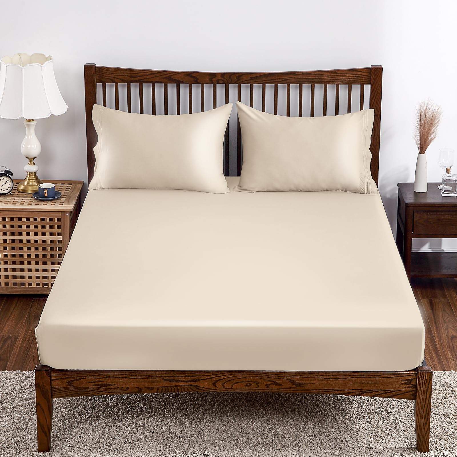 100% Bamboo Viscose Fitted Sheet Queen Size, Bamboo Fitted Sheet Only, 400 Thread Count Fitted Sheet Beige,8'- 16' Deep Pocket