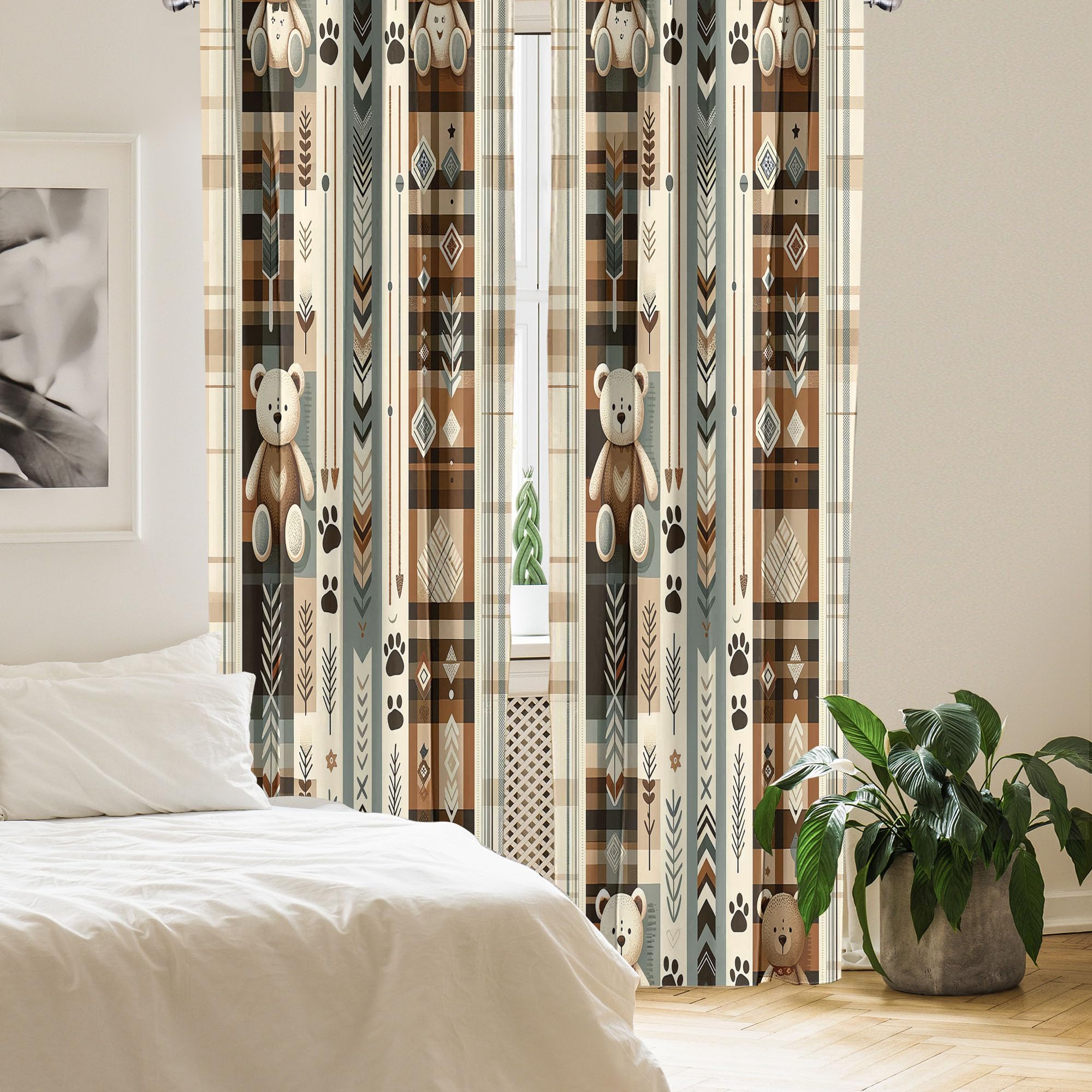 Ambesonne Bear Window Curtains Pack Of 2, Modern Scandi Arrow And Leafy Plaid Ornate With Cartoon Paws Earthy Tones, Lightweight