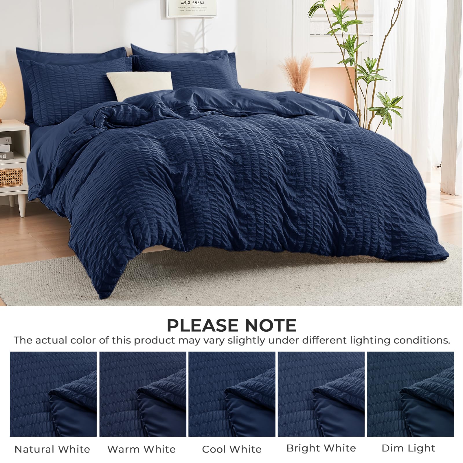 Hymokege Navy Blue Queen Comforter Set Seersucker 7 Pieces, All Season Luxury Bed In A Bag For Bedroom, Bedding Set With Comfort