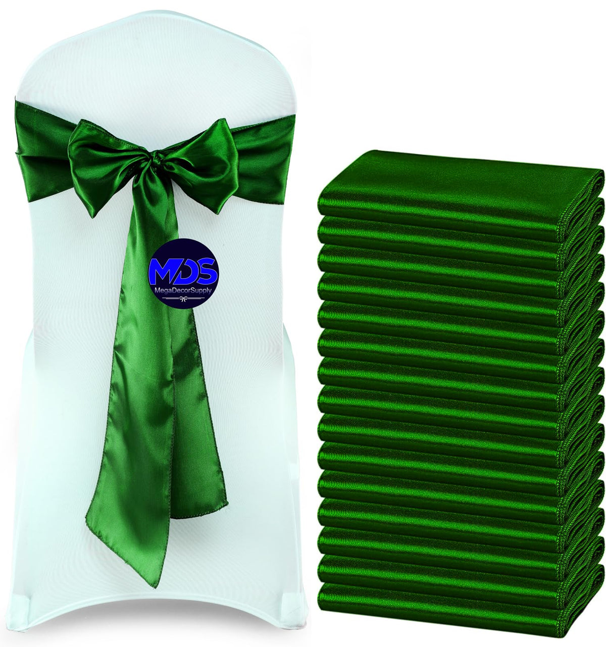 Mds Pack Of 50 Pcs Satin Chair Sashes Charmeuse Sateen Dining Chair Bows Ribbon Ties Back Sash For Wedding Party Birthday Home Hotel Restaurant Banquet Decoration (7 X 108 Inch, Green)
